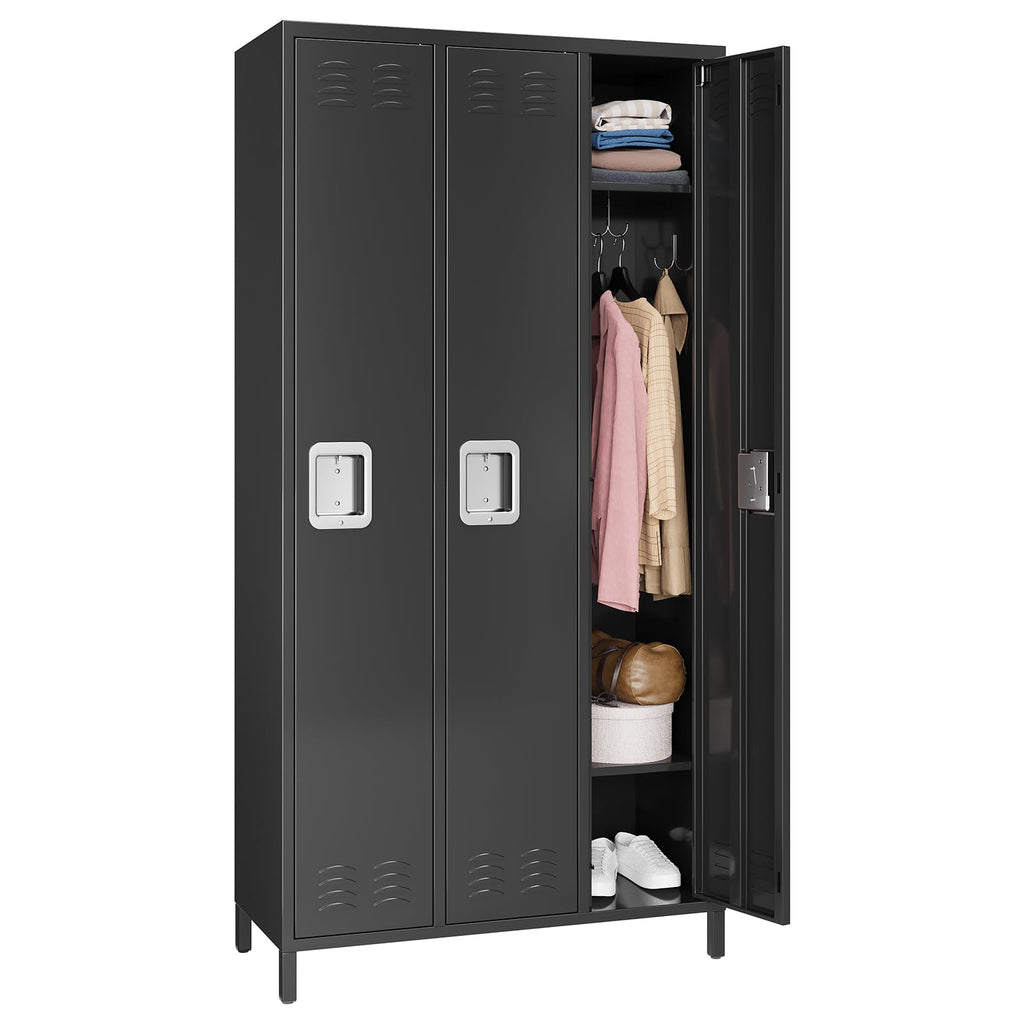 PioneerWorks 3-Door Metal Storage Locker with 9 Hooks, Heavy Duty Steel Locker for Gym, School, Office, Garage, Employee Locker Room, Home Organization, Black, Assembly Required