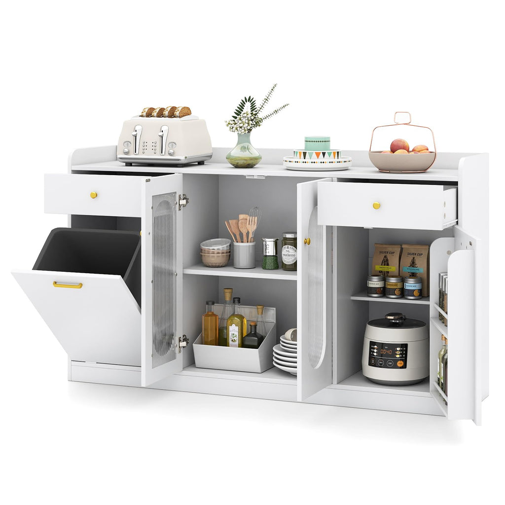 Giantex 55" Farmhouse Buffet Cabinet, Large Credenza w/Hidden Tilt Out Trash Can, 2 Glass Doors, 2 Drawers & Adjustable Shelves, Modern Sideboard Coffee Bar Cabinet for Kitchen, Dining Room (White)