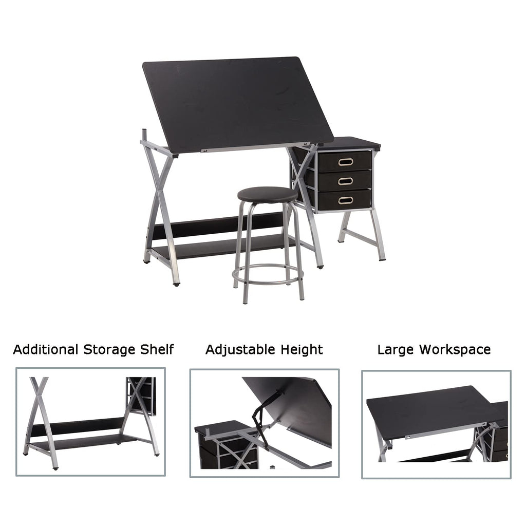 Adjustable Drafting Table for Artists with Stool, Sturdy X-Cross Metal Frame Drawing Table with Storage Drawers, Art Desk with Tilted Tabletop, Craft Station Writing Computer Desk, Black