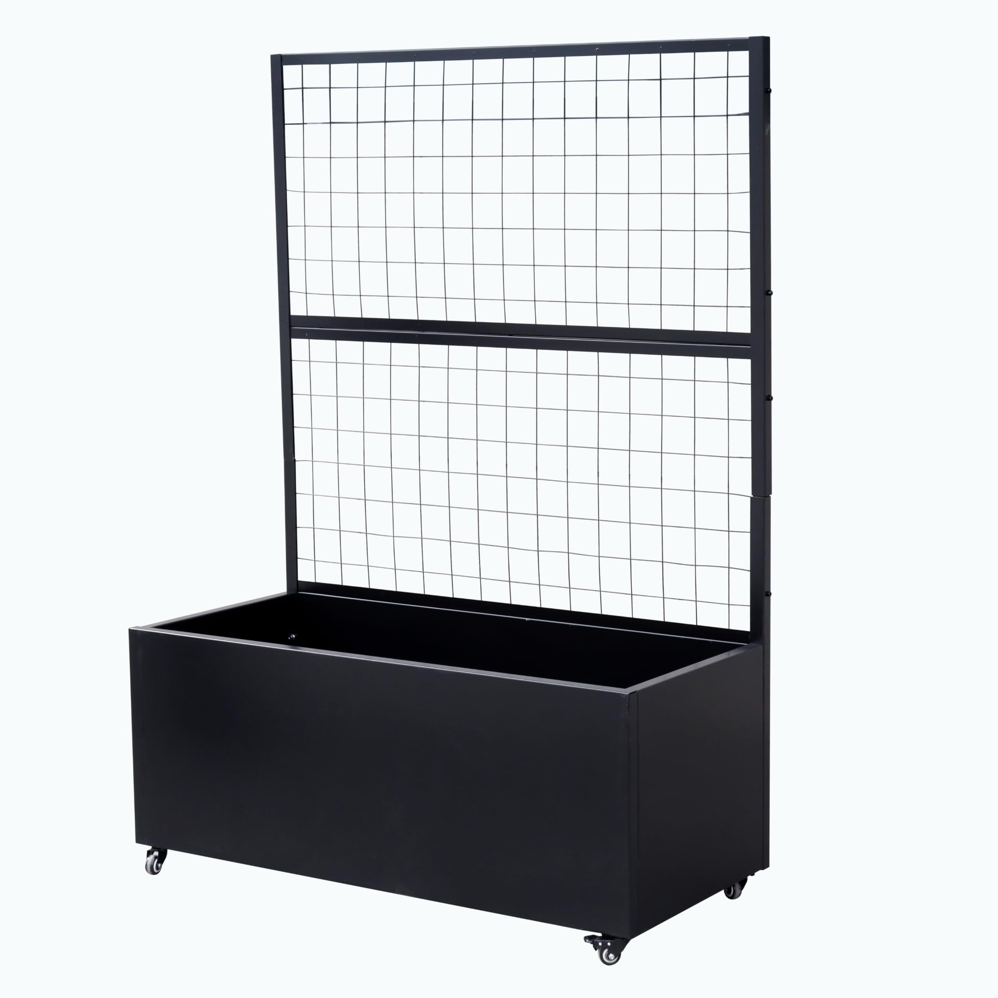 Metal Rolling Planter Box with Lattice Trellis – Modern COR-Ten Steel Trough on Casters | 66” x 46” x 21” (Black)
