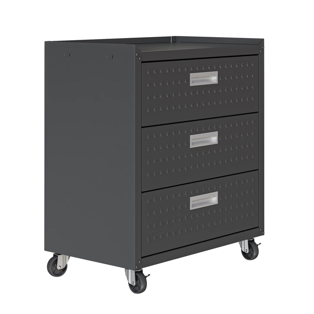 Manhattan Comfort Fortress 31.5-Inch Rolling Garage Tool Chest, 3-Drawer Lockable Mobile Storage Cabinet, Diamond-Textured Steel Utility Organizer with Wheels for Basement, Workshop in Charcoal Grey