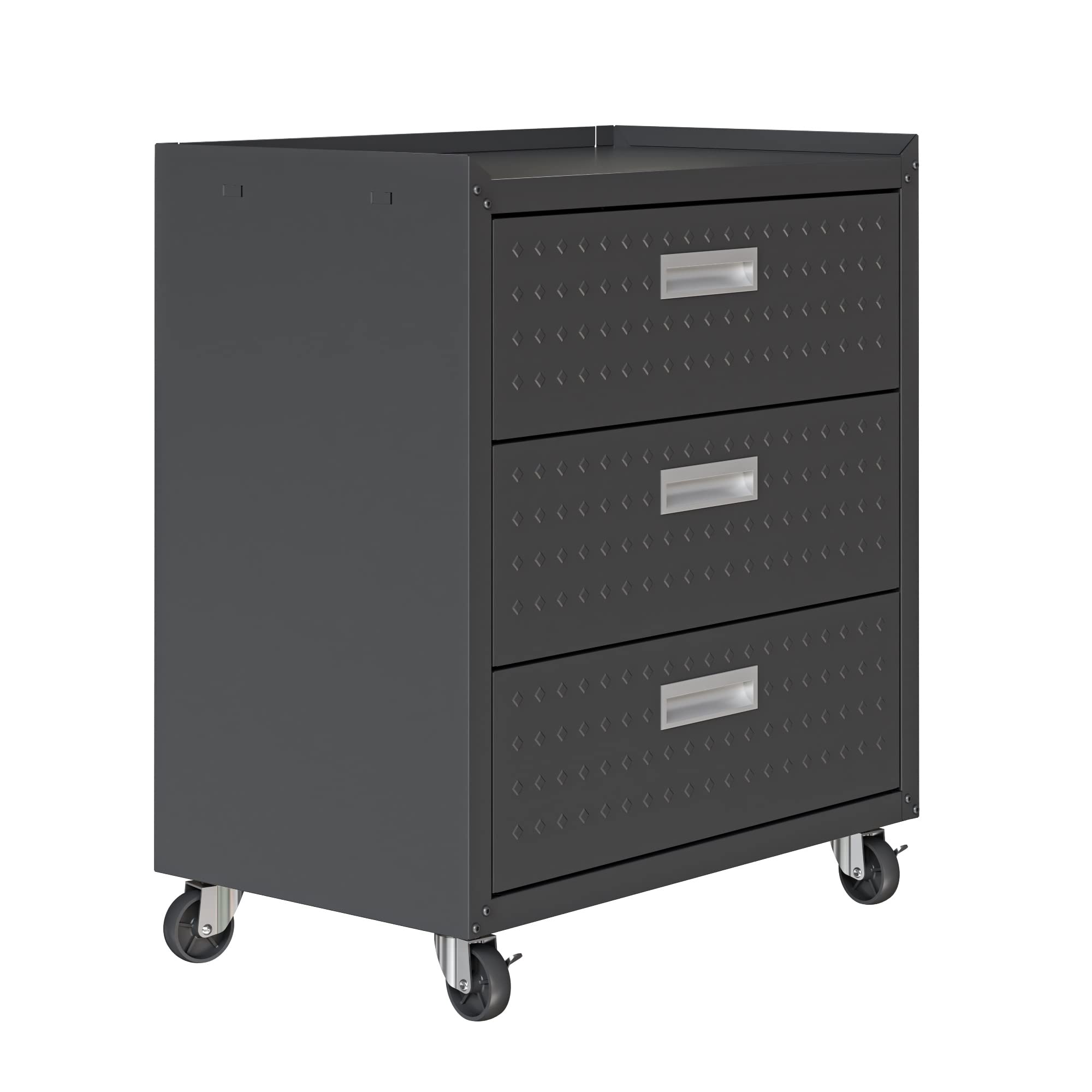 Manhattan Comfort Fortress 31.5-Inch Rolling Garage Tool Chest, 3-Drawer Lockable Mobile Storage Cabinet, Diamond-Textured Steel Utility Organizer with Wheels for Basement, Workshop in Charcoal Grey
