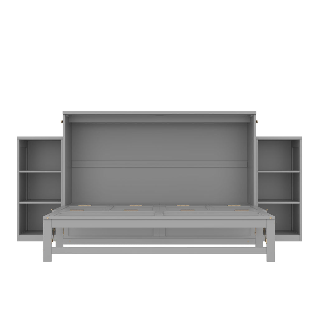 Bellemave Queen Size Murphy Bed, Cabinet Bed with 2 Shelves and Storage Drawers, Farmhouse Murphy Cabinet, Noisy Free, for Guest Bedroom, Living Room, Office, Light Gray