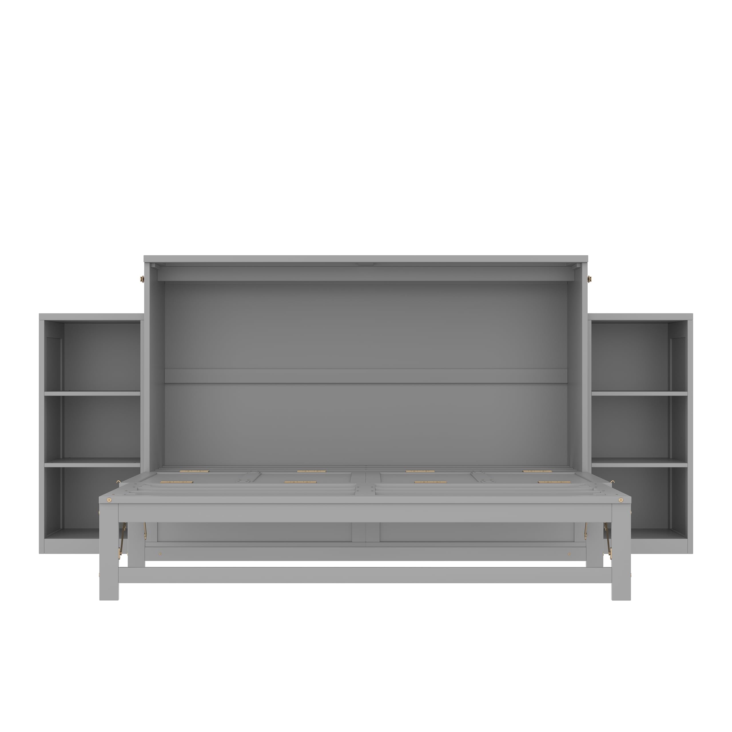 Bellemave Queen Size Murphy Bed, Cabinet Bed with 2 Shelves and Storage Drawers, Farmhouse Murphy Cabinet, Noisy Free, for Guest Bedroom, Living Room, Office, Light Gray