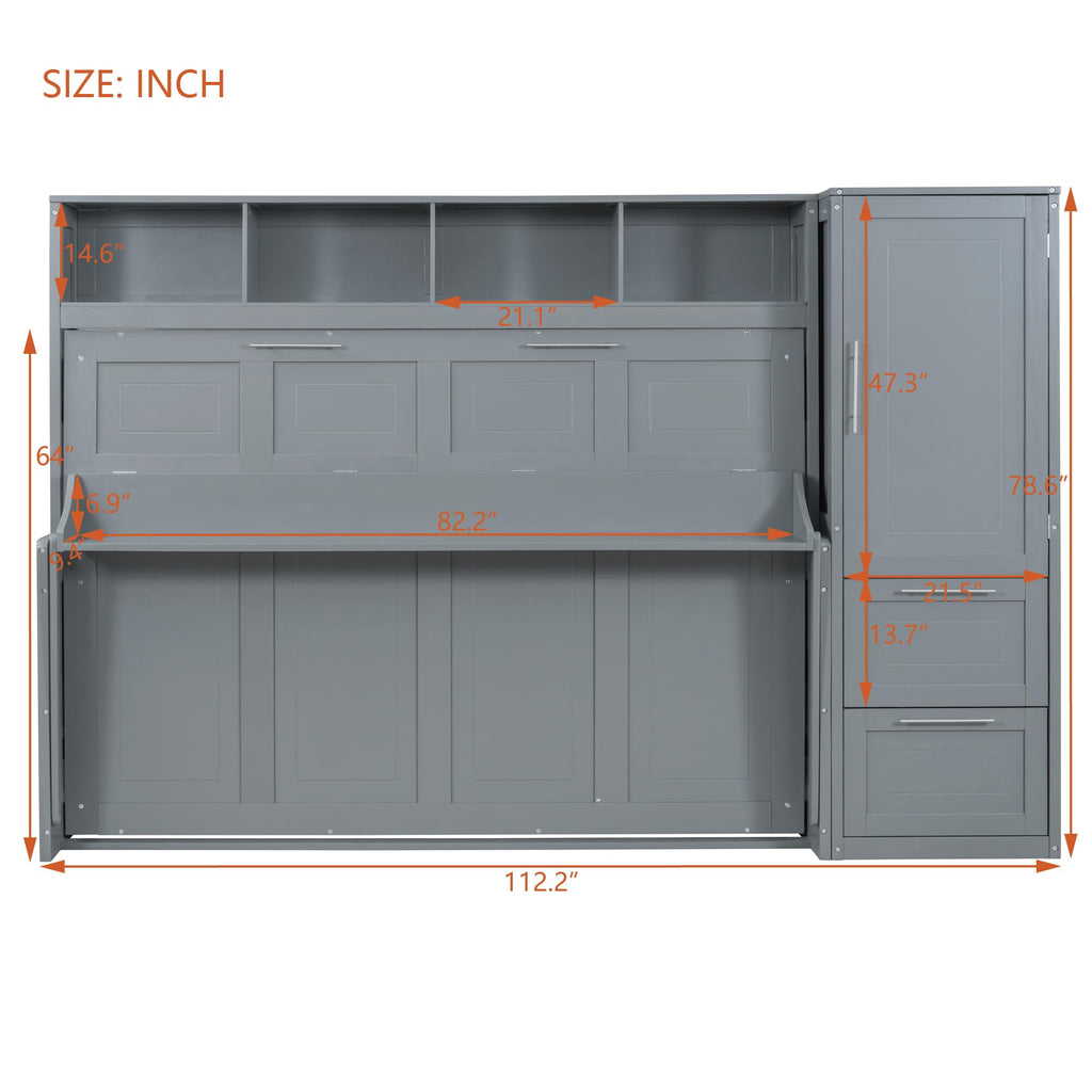 Ball & Cast Queen Size Murphy Bed Wall Chest with Closet and Storage Drawers,Wood Hideaway Platform Bedframe can be Folded,Easy Assembly,for Kids Bedroom,Student Dorms,Gray