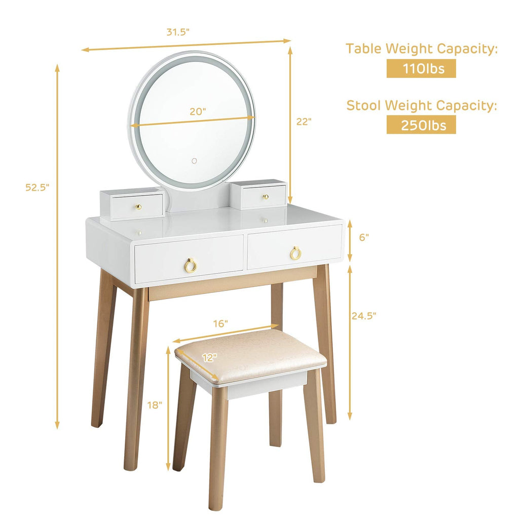 Nightcore Vanity Set, Makeup Vanity w/Round Lighted Mirror, Vanity Desk w/Cushioned Stool, 4 Drawers Modern Home Dressing Table for Girls & Women, White