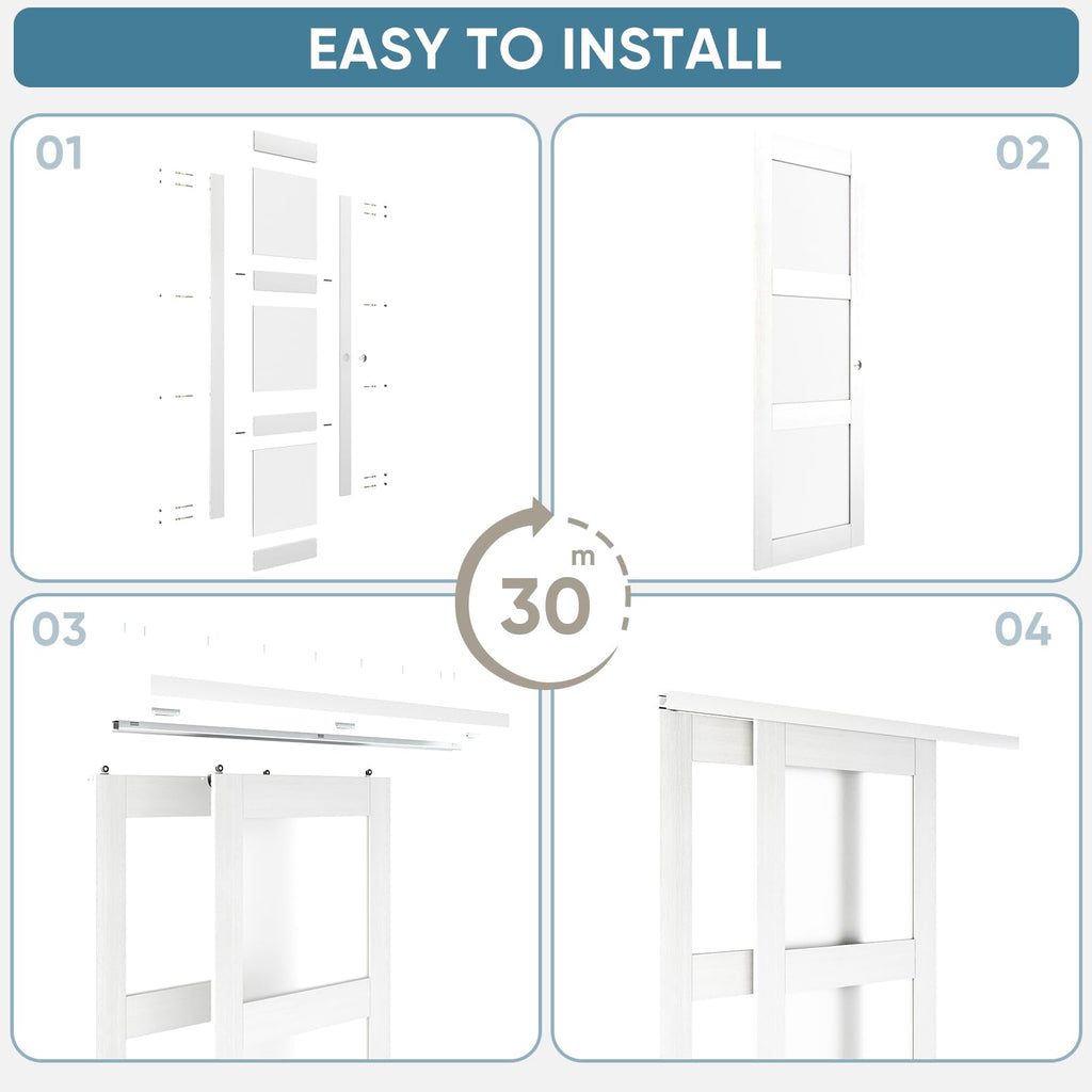 JUBEST Sliding Closet Door 60"(Double 31") x 80", 3-Lite Frosted Glass Bypass Door with Hardware Kit & Matching Fascia, Pre-Drilled Solid Wood Slab with Water-Proof PVC Surface, Easy to Install, White