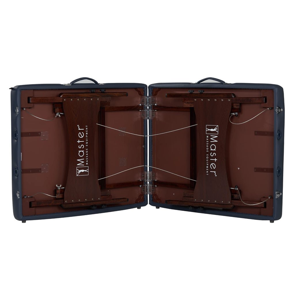 Master Massage Newport Portable Massage Table Package with Denser 2.5" Cushion, Walnut Stained Hardwood, Steel Support Cables, Pillows & Accessories, Royal Blue, 30"