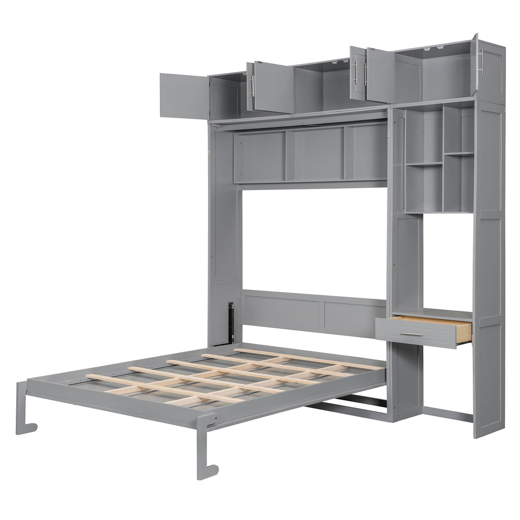Merax Queen Size Wall Murphy Bed with Desk, Top Cabinet and Storage Shelves, Space Saving Foldable Bed, Wooden Bed Frame
