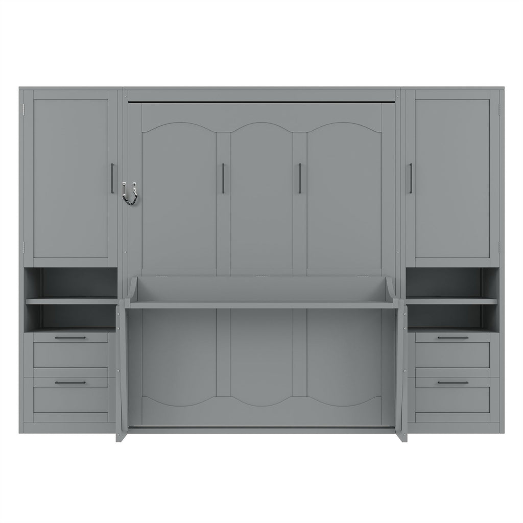 Merax Queen Size Murphy Bed with Desk, Multifunctional Foldable Wall Bed with Closet, Drawers and Shelves, Space-Saving Wood Platform Bed Frame for Small Spaces Studio Study Office Guest Room, Gray