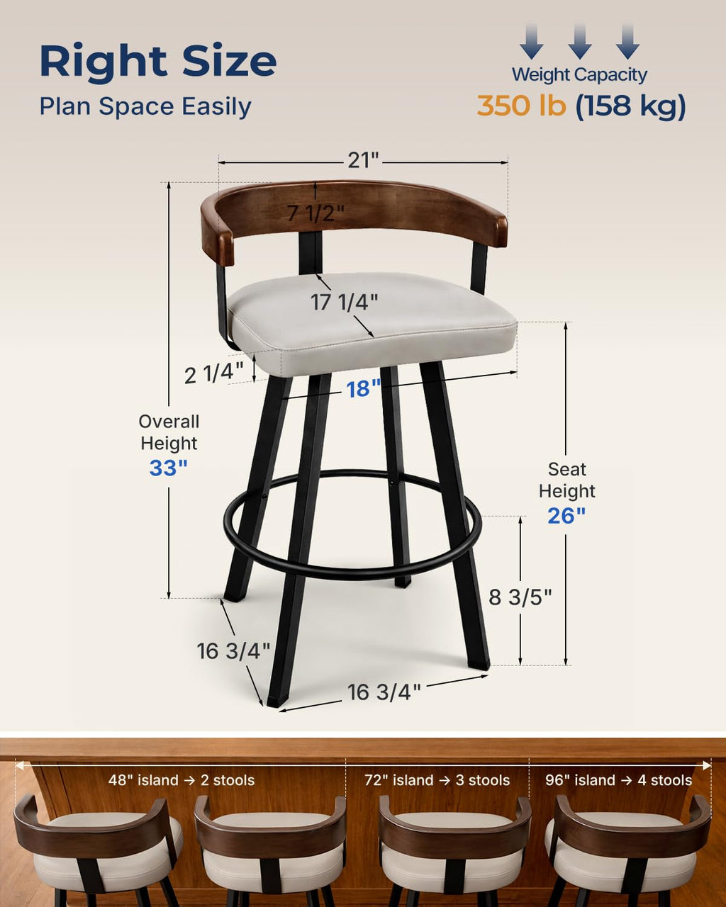 FORSPARK 350 lbs Capacity Bar Stools with Back and Cushion 26" Swivel Counter Height Bar Stools with Solid Wood Back Modern Kitchen Island Chairs with Metal Frame 360°Barstools Dining Room Grey Black