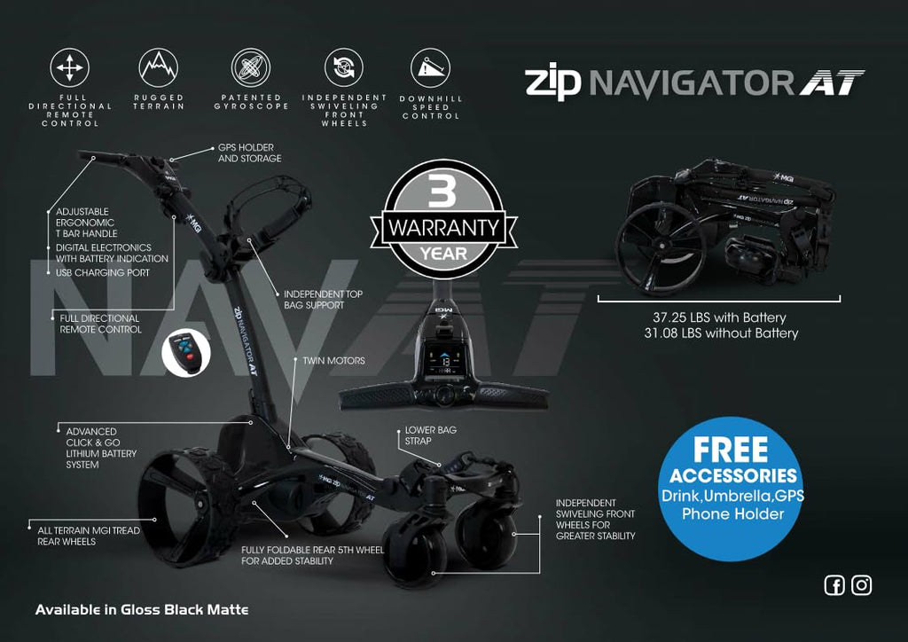 MGI Zip Navigator All Terrain Electric Golf Cart - 36 Hole Battery - Remote Control - Accessories Included (Drink, Umbrella, & GPS-Phone Holer), Gloss Black-Matte Black