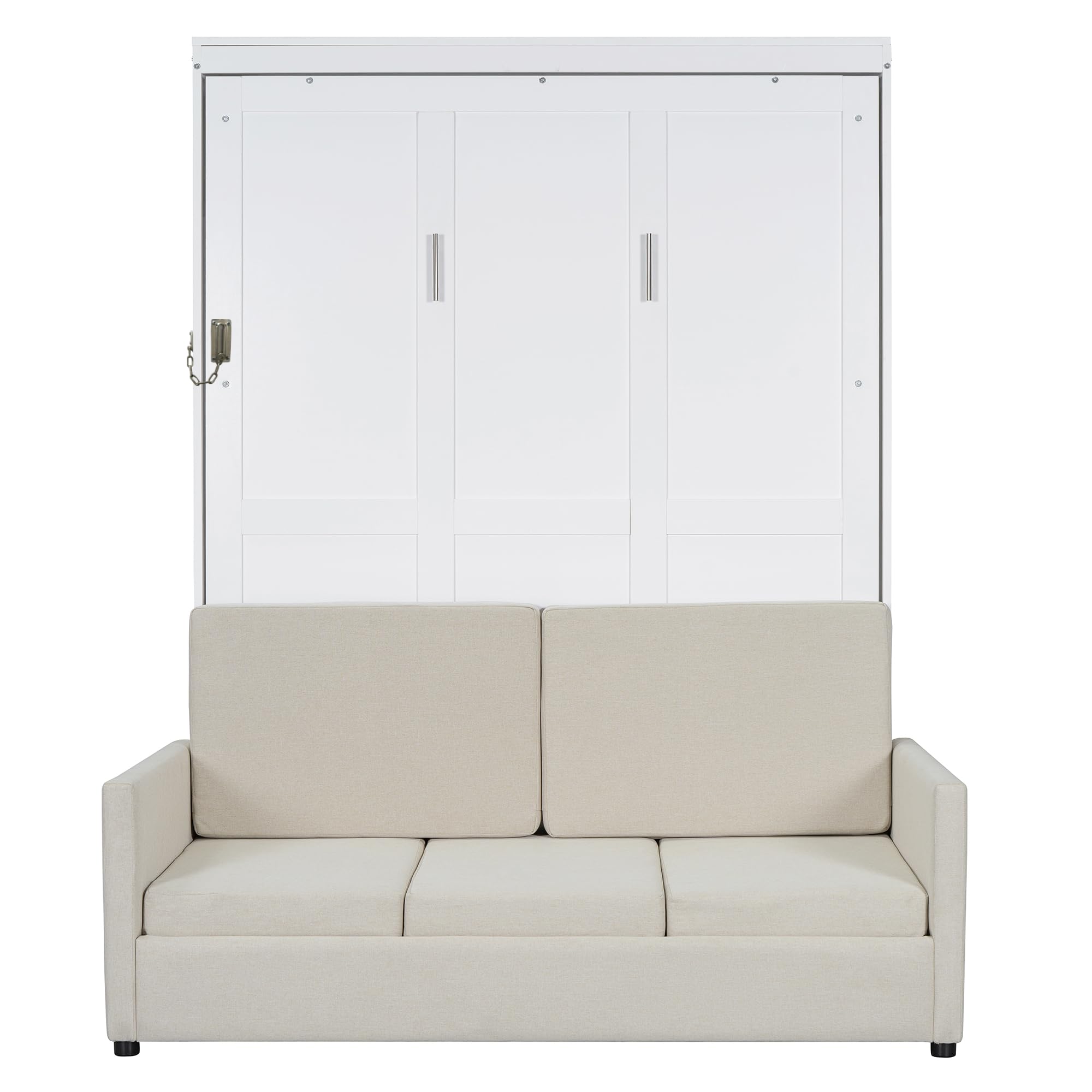 Ball & Cast Murphy Bed Full Size W/ 2 Seat Sofa,Murphy Bed Cabinet W/Cushion,Hideaway Bed W/Support Leg & Handles,for Bedroom Office Guest Room,White