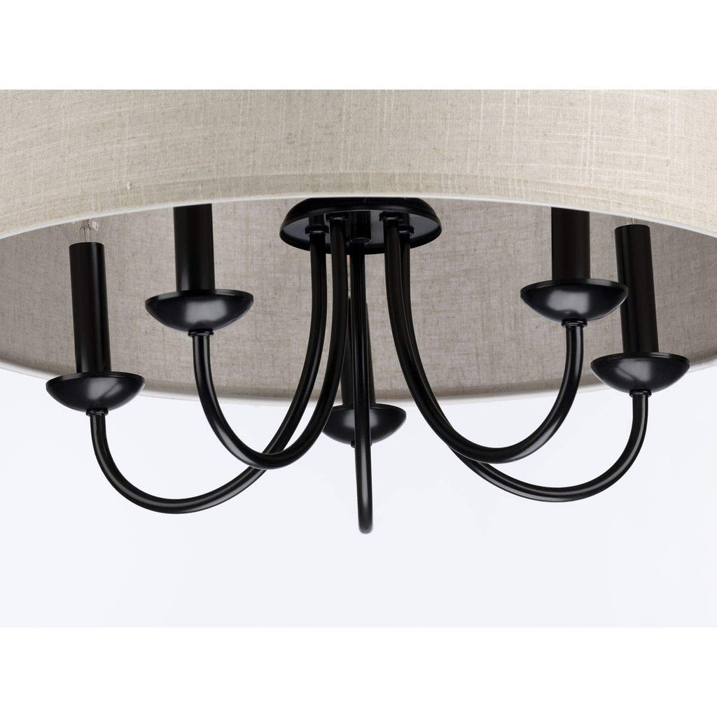 Progress Lighting Drum Shade Collection Five-Light Chandelier, Farmhouse Style Hanging Ceiling Light Fixture for Dining Rooms, Foyers, Harvest Linen Shade, Matte Black