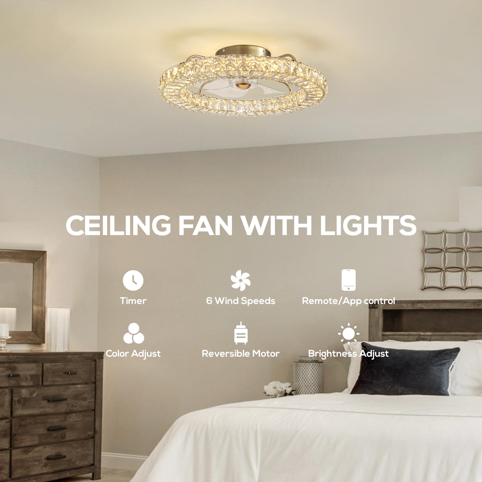 MOOONICHE 22" Low Profile Flush Mount Ceiling Fan, Ceiling Fan with Light and Remote, Dimmable Fandelier with Crystal Lampshade, Bladeless Enclosed Fan Light-Gold