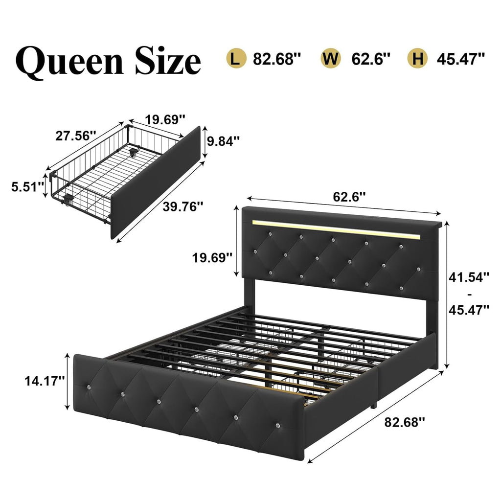 FammyLoft Queen Size Bed Frame, PU Upholstered Bed Frame with RGB LED and 4 Storage Drawers, Platform Bed Frame with Adjustable Headboard, Charging Outlet, Diamond Crystal Button, Black