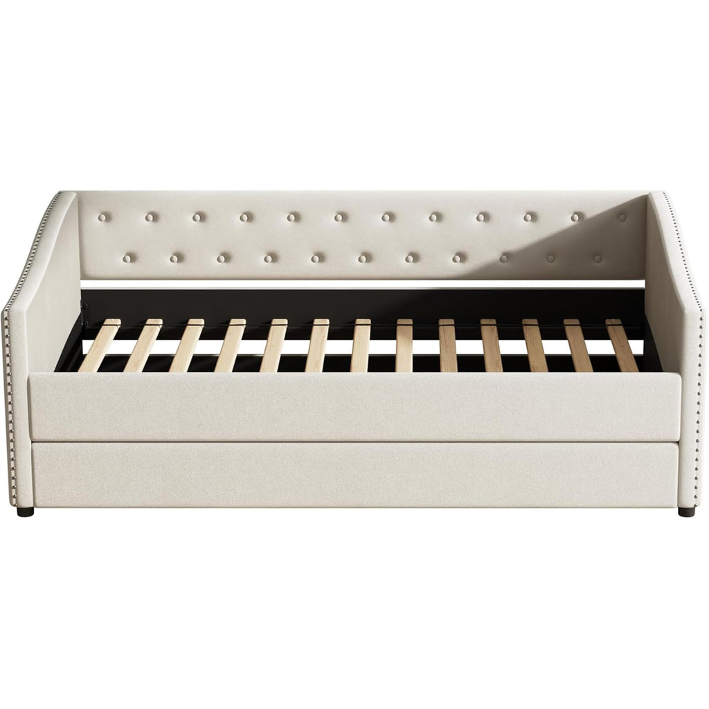 FAVSH Upholstered Daybed with Trundle, Twin Size Day Bed w/Button-Tufted Back and Piping on Waved-Shape Arms for Bedroom or Guest Room, No Box Spring Required,Beige