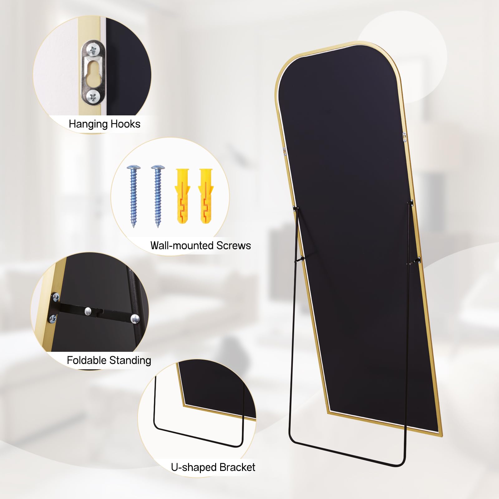 Anpark Oversized Floor Mirror - 71"x30" Arched Freestanding Full Body Mirror with Stand, Hanging or Wall Mounted for Living Room, Bedroom - Gold