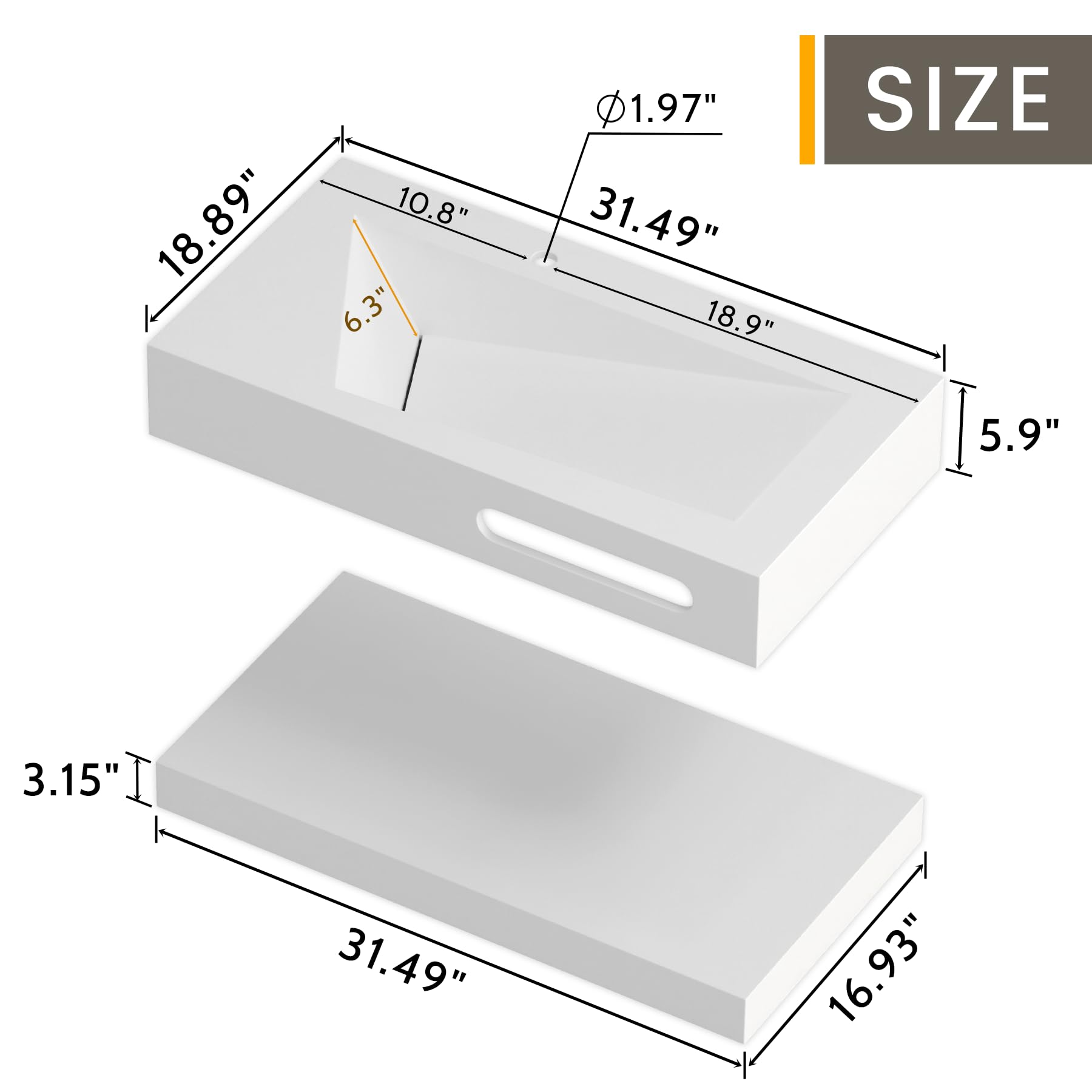 QJ&XY Resin Bathroom Sink 32" Wall Mounted V-Shaped White Basin with Towel Rack, Floating Vanity Sink in Soft-Touch Finish (Double Tier)