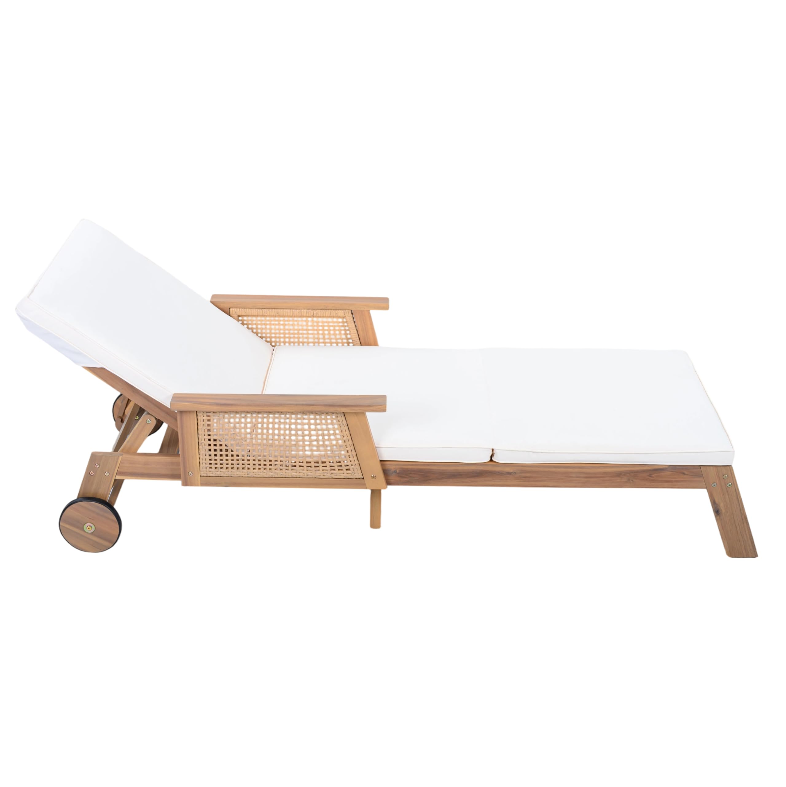 Christopher Knight Home Revia Chaise Lounge Outdoor with Wheel and Armrests, Acacia Wood Patio Chaise Lounge with Cushion, Adjustable Backrest Poolside Sun Lounger, Sunbathing Chair, Teak+Light Beige