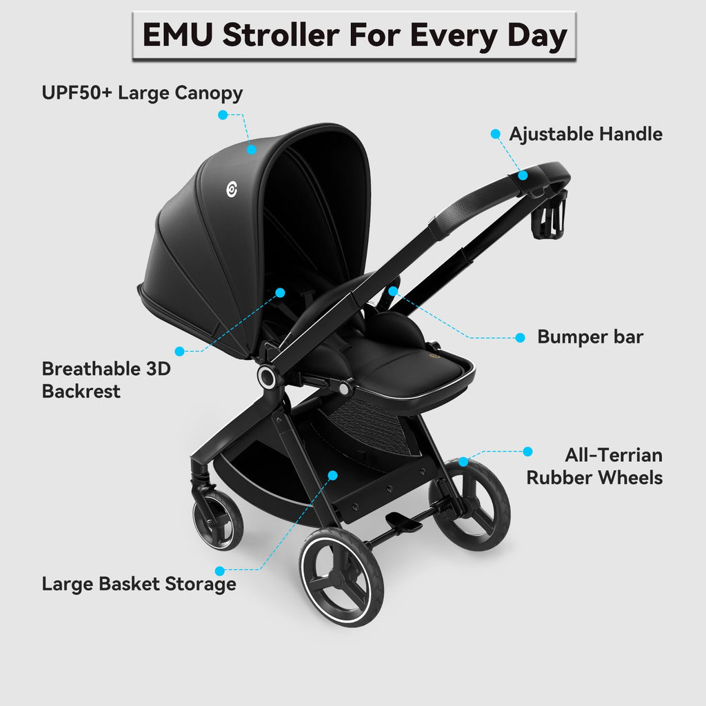 ELITTLE EMU Baby Stroller with Reversible Seat Full-Size Infant Stroller with Full Recline Cockpit Compact Foldable Toddler Carriage for Outdoor City - Black