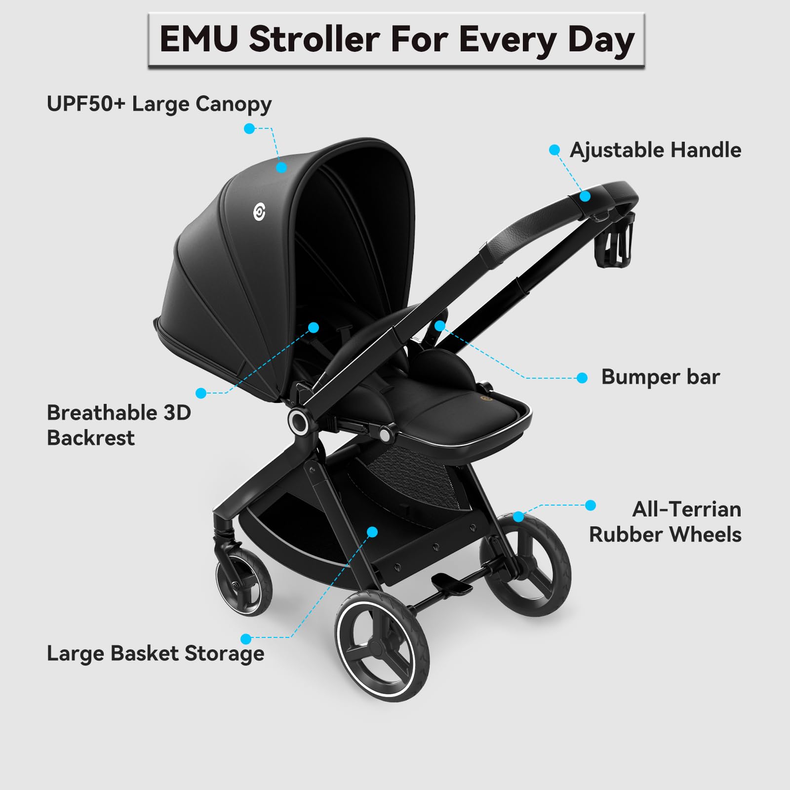 ELITTLE EMU Baby Stroller with Reversible Seat Full-Size Infant Stroller with Full Recline Cockpit Compact Foldable Toddler Carriage for Outdoor City - Black