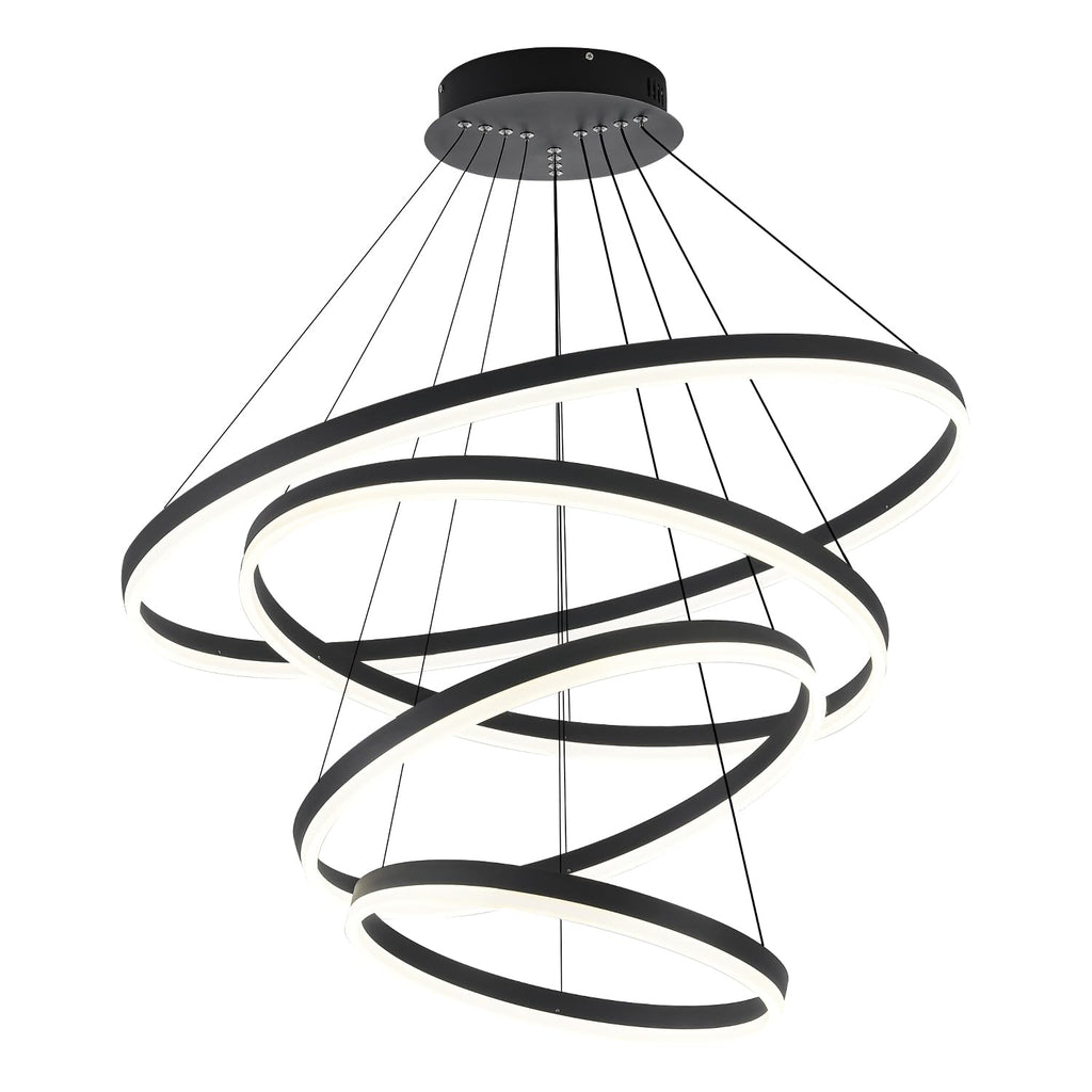 XGZL · LIGHTING 4-Rings Modern LED Chandelier Black Contemporary for Living Room, Dimmable Flush Mount High Ceiling Pendant Light with Remote Control for Staircase Dining Room(D31.5’’, 3000K-6500K)