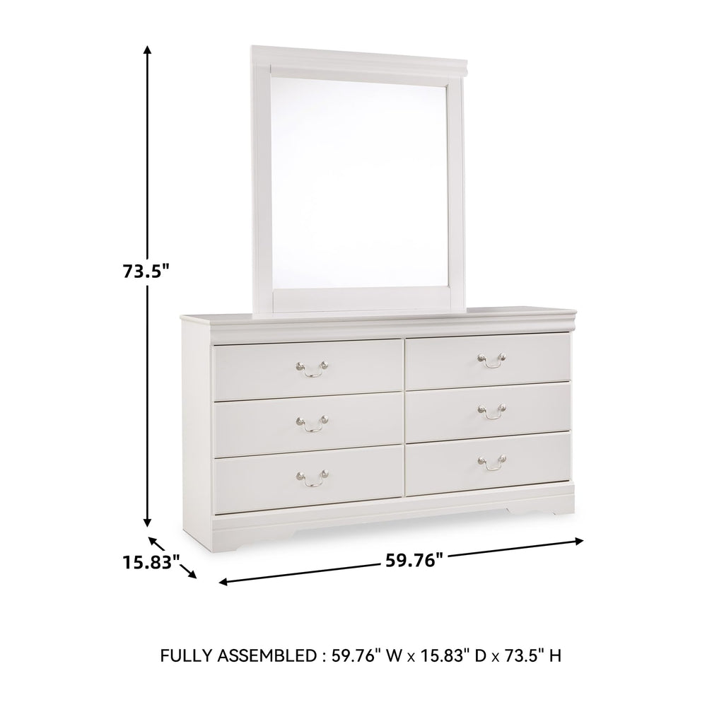 Signature Design by Ashley Anarasia Traditional Smooth-Gliding 6-Drawer Dresser and Mirror with Safety Stop, White