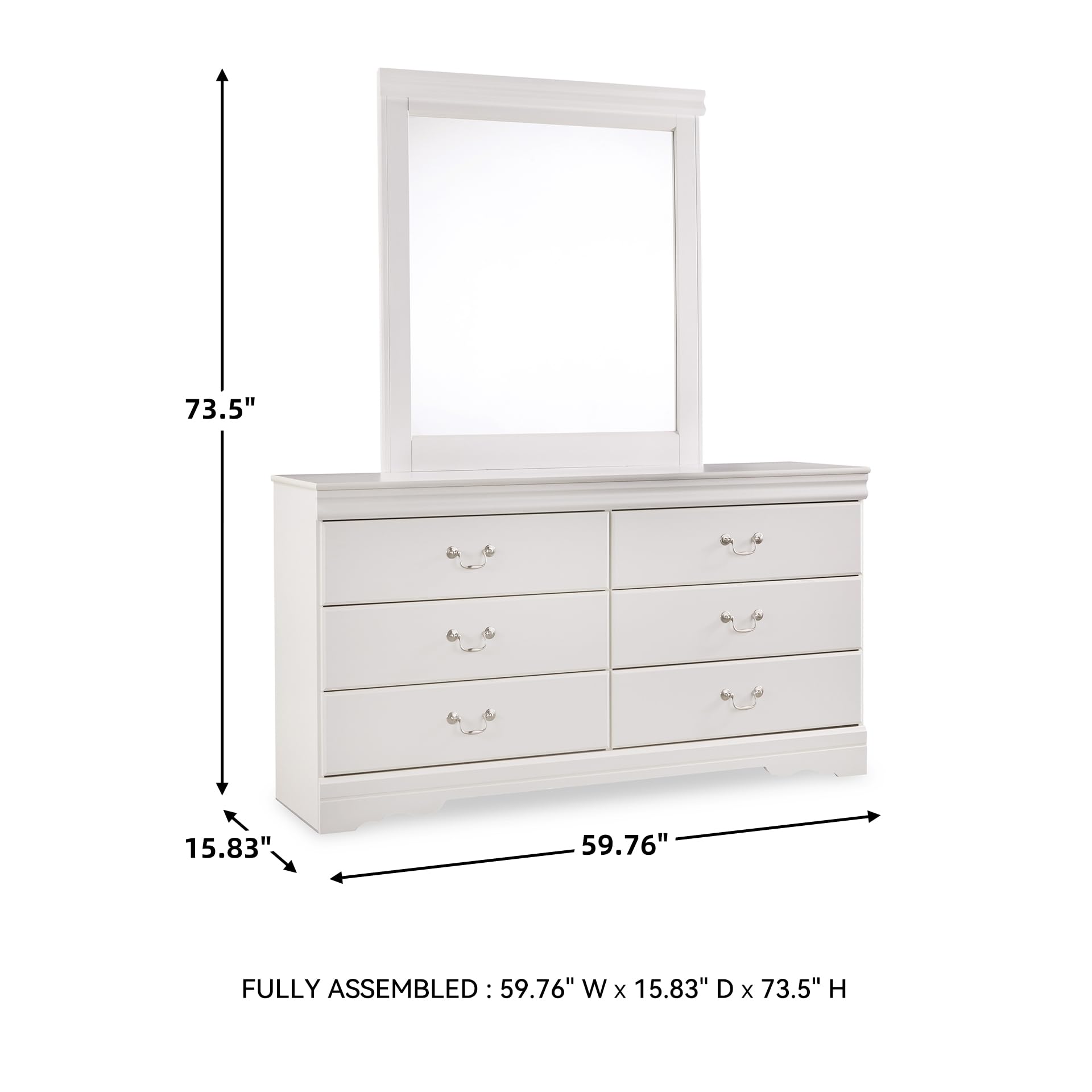Signature Design by Ashley Anarasia Traditional Smooth-Gliding 6-Drawer Dresser and Mirror with Safety Stop, White
