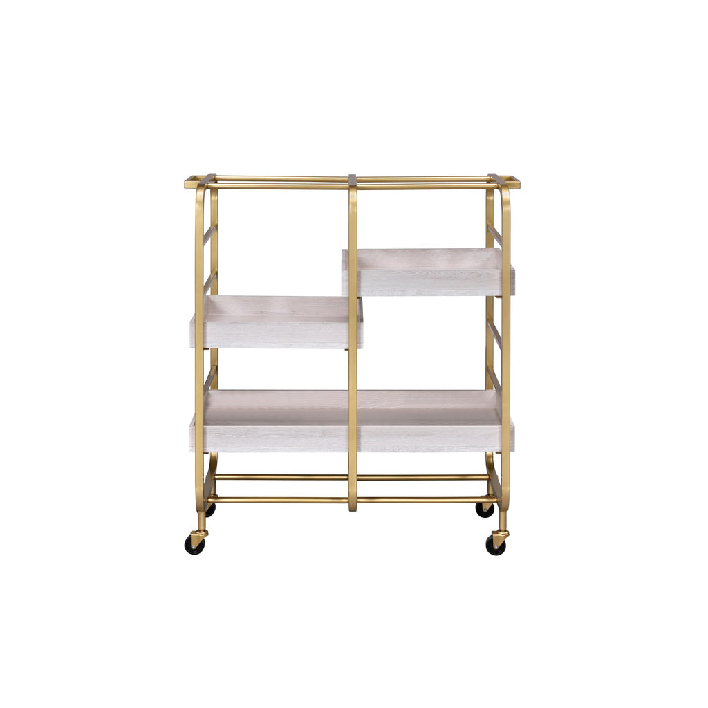 roomfitters Vorrik Gold and White Washed Serving Cart, Glamorous 3-Tier Hollywood Regency Rolling Trolley, 3 Adjustable White Washed Wood Trays
