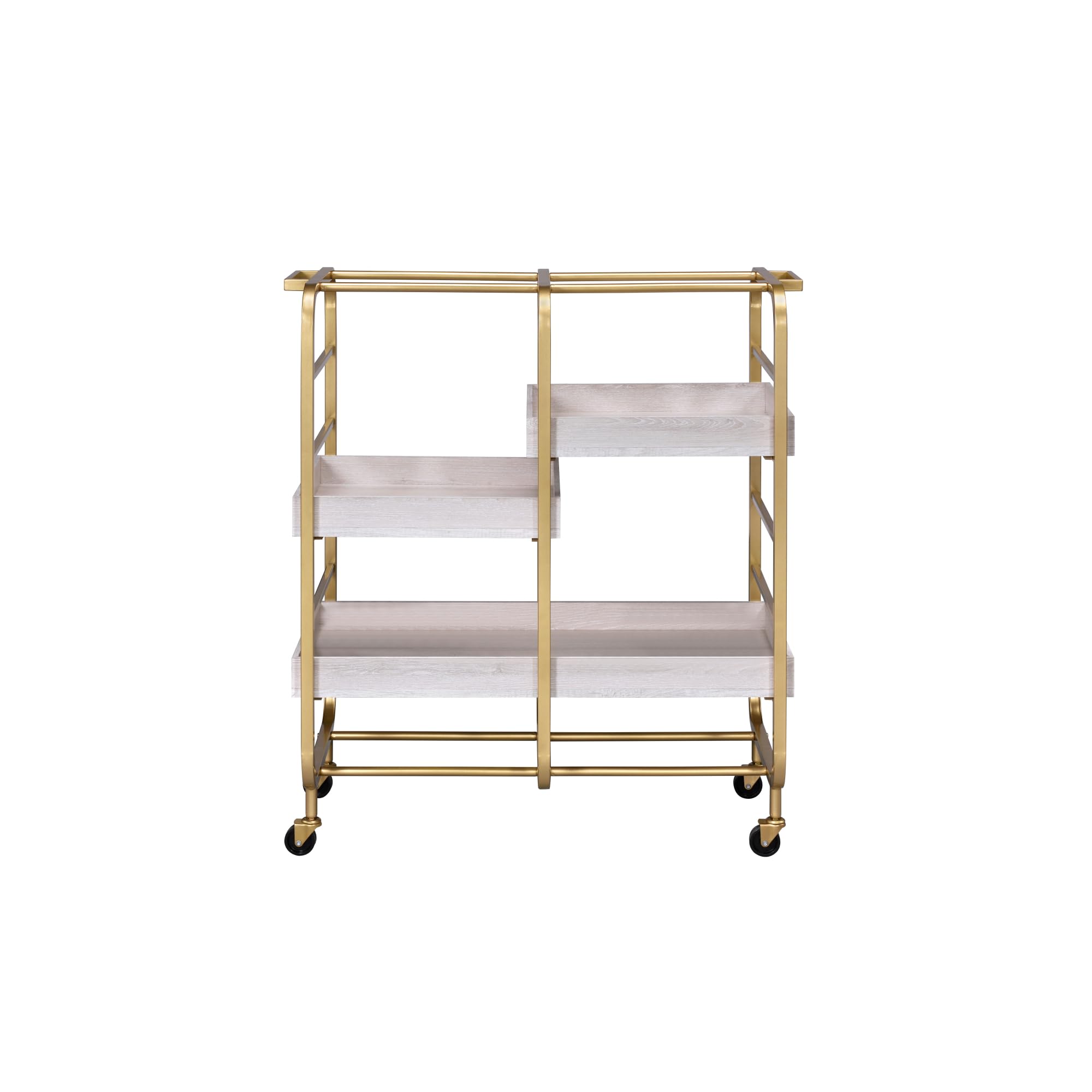 roomfitters Vorrik Gold and White Washed Serving Cart, Glamorous 3-Tier Hollywood Regency Rolling Trolley, 3 Adjustable White Washed Wood Trays