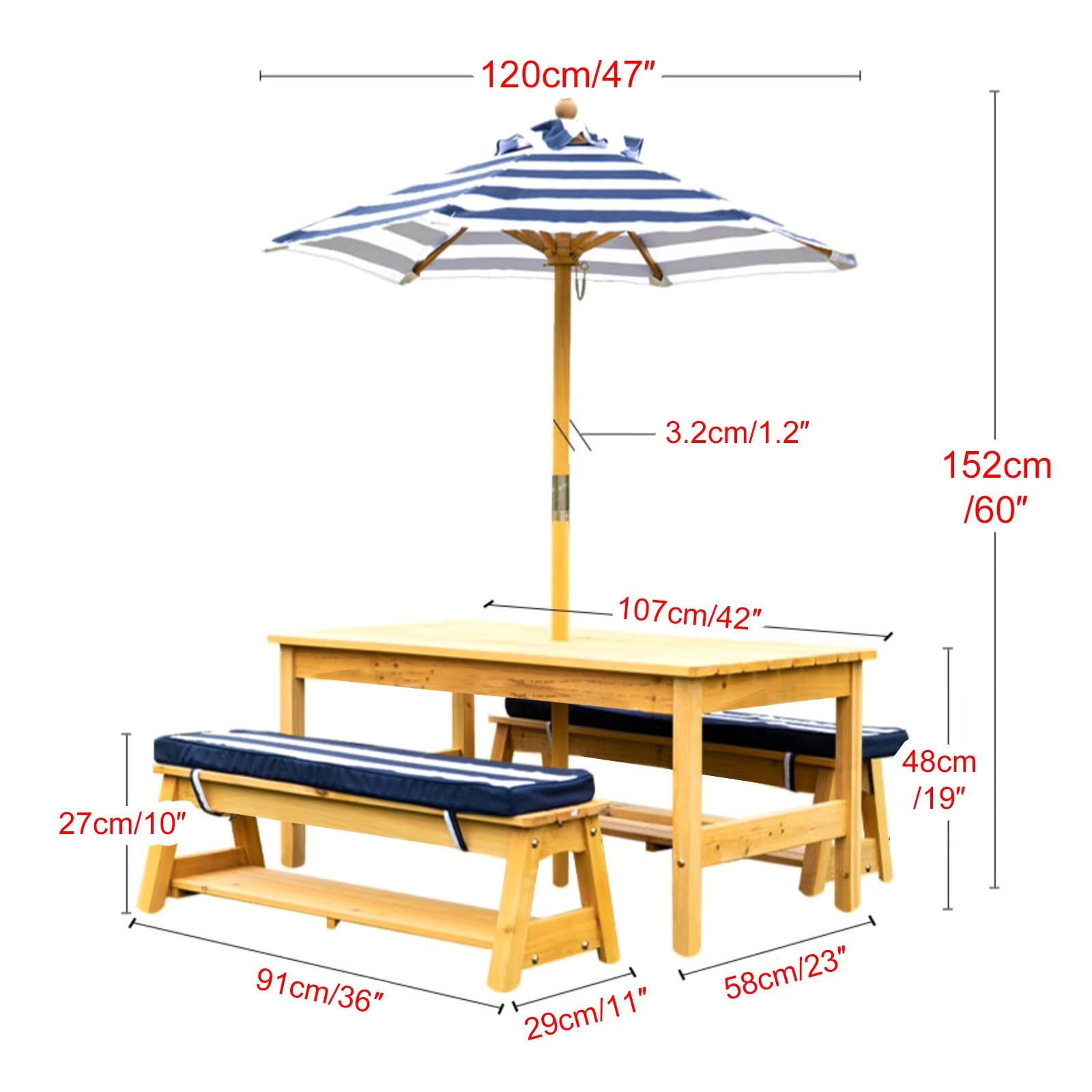 LLZJDDPLY Kids Picnic Tables, Wooden Kids Picnic Tables for Outdoors with Removable Umbrella & Cushions, Toddler Picnic Table, for Backyard Lawn Patio(Red)
