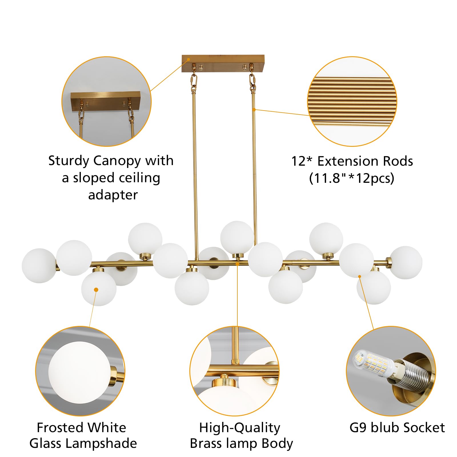 Besytal 55" Brass Linear Chandelier, 16 Lights Mid Century Modern Sputnik Chandelier, Large Pendant Lights Kitchen Island with White Glass Lampshade, Bubble Chandelier for Kitchen Over Table - Gold