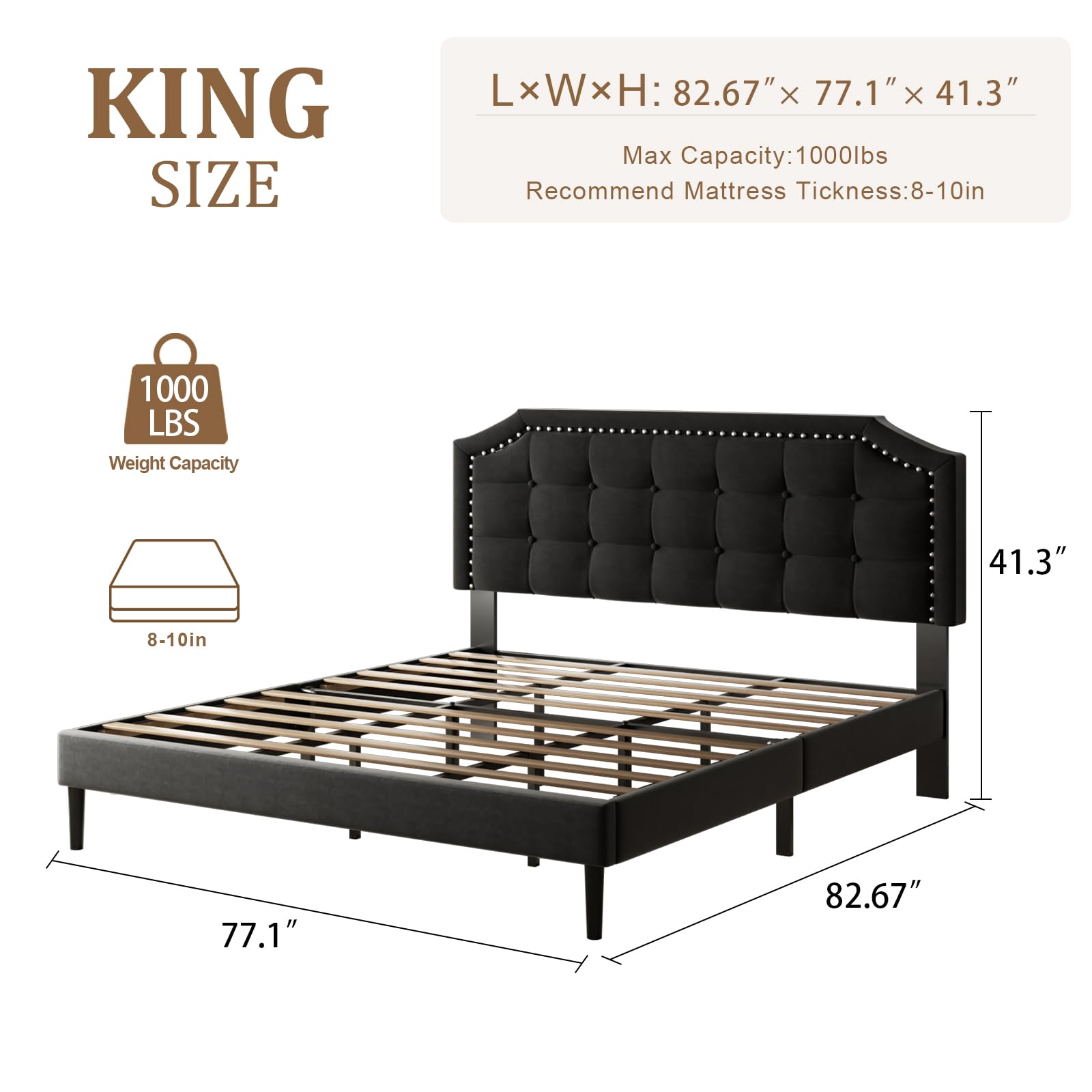 HAOARA King Size Bed Frame, King Size Platform Bed Frame with Upholstered Button Tufted Headboard, Strong Wood Slats, No Box Spring Needed, Mattress Foundation, Easy Assembly Black