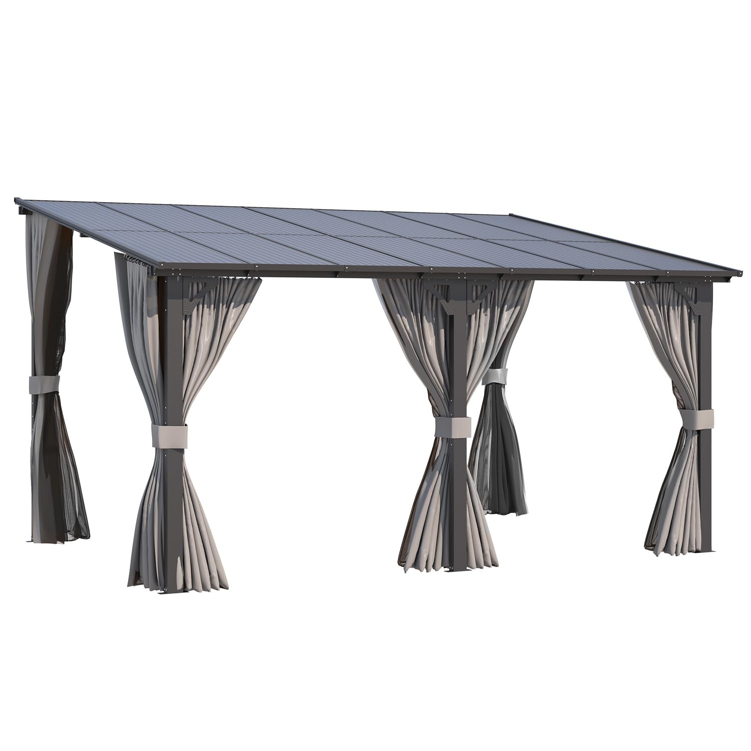 AECOJOY 14' x 10' Gazebo for Patio, Hard Top Lean to Gazebo Pergola with Curtains and Mosquito Netting, Large Wall-Mounted Heavy Duty Awnings for Patio, Decks, Backyard and More
