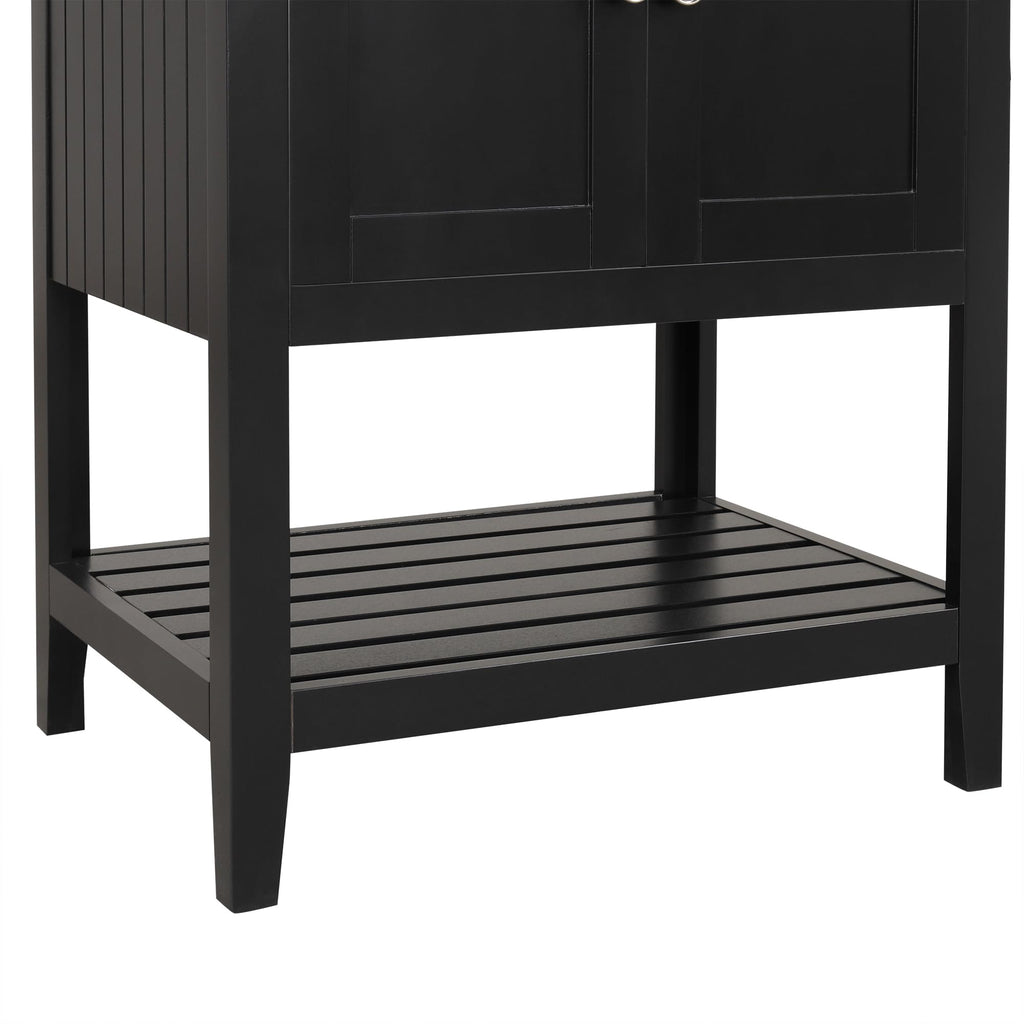 24" Bathroom Vanity with Ceramic Sink Top Set, Cabinet with Adjustable Shelf and Open Storage Space, Soft-Closing Door, Solid Wood Frame, Black