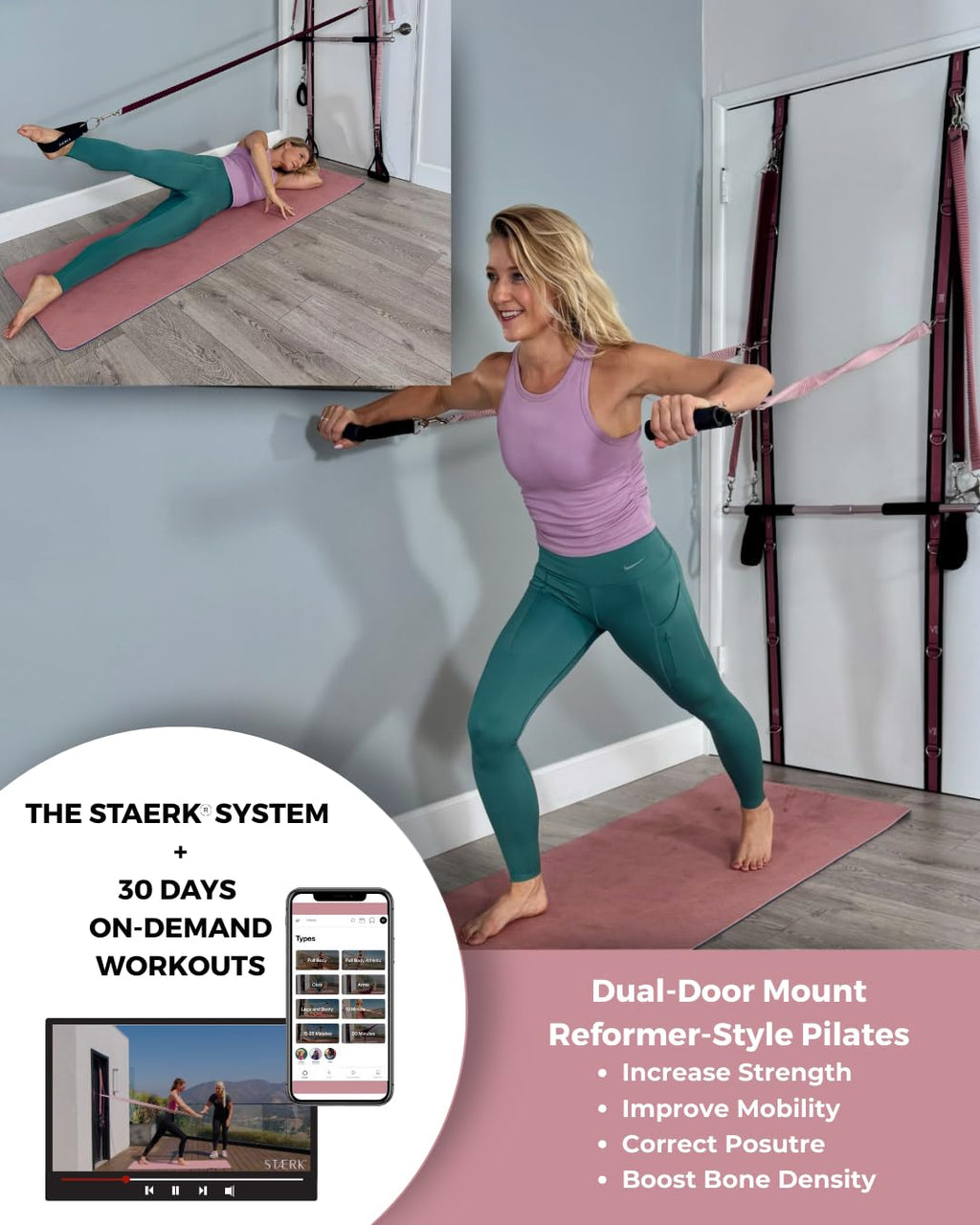STAERK Portable Pilates Reformer Home Training System - Premium Resistance Bands, Handles, Foot/Ankle Loops, & Barre Attachment Kit - Strength & Flexibility - 30-Day Free On Demand Video Workouts
