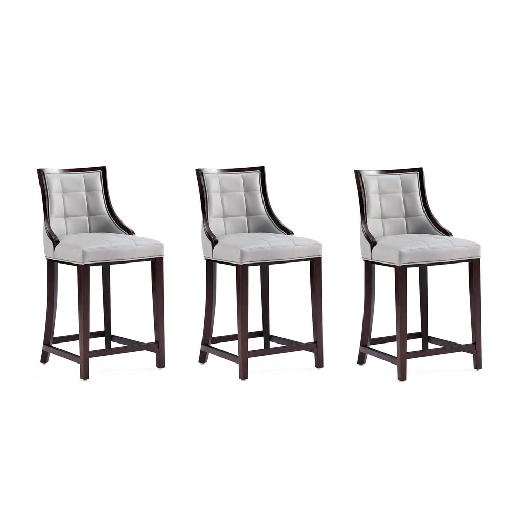 Manhattan Comfort Fifth Avenue Faux Leather Counter Stools with Rectangular Design Stitching, Foam Padding & Solid Beech Wood Frame, Fully Assembled Countertop Chairs, Set of 3, Light Grey