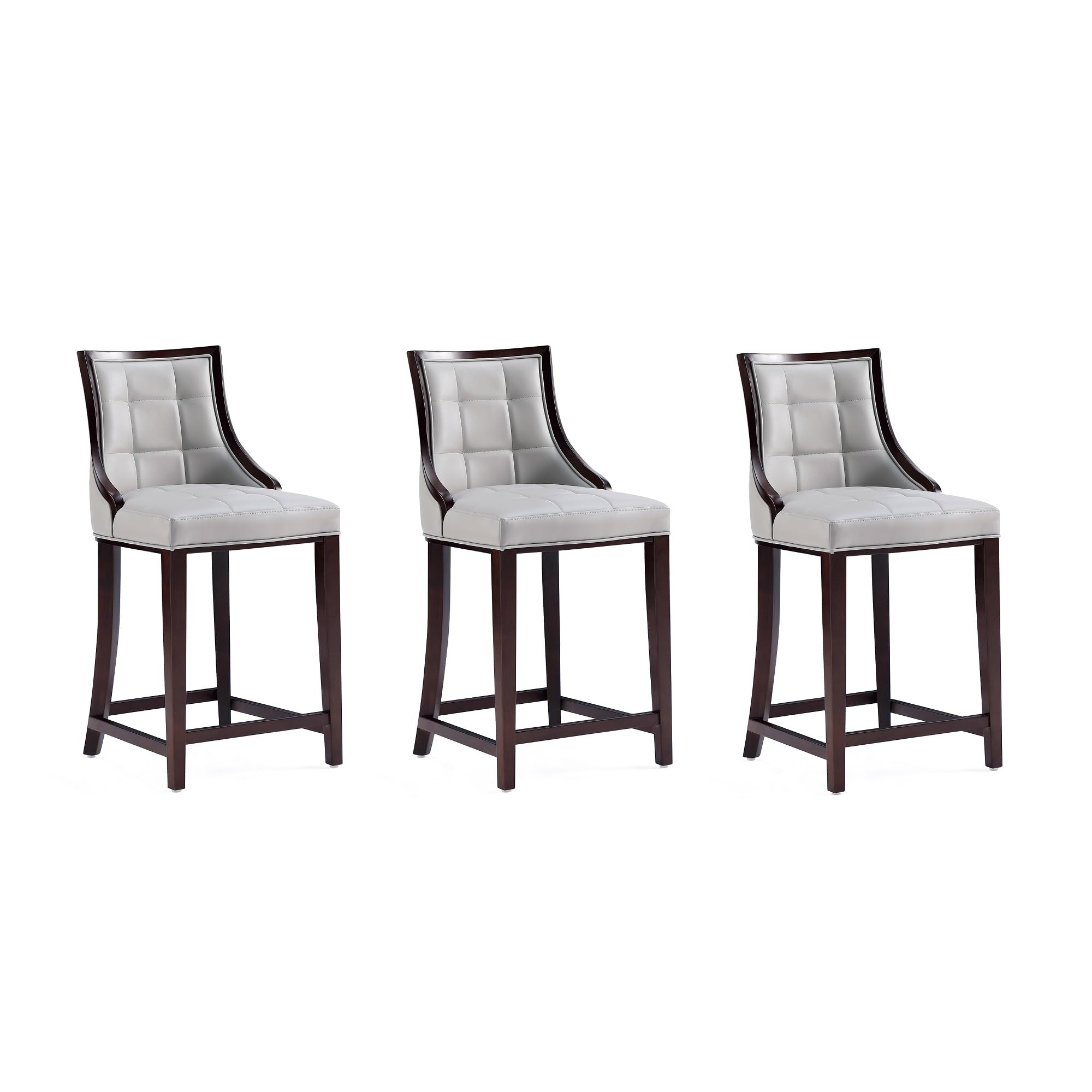Manhattan Comfort Fifth Avenue Faux Leather Counter Stools with Rectangular Design Stitching, Foam Padding & Solid Beech Wood Frame, Fully Assembled Countertop Chairs, Set of 3, Light Grey