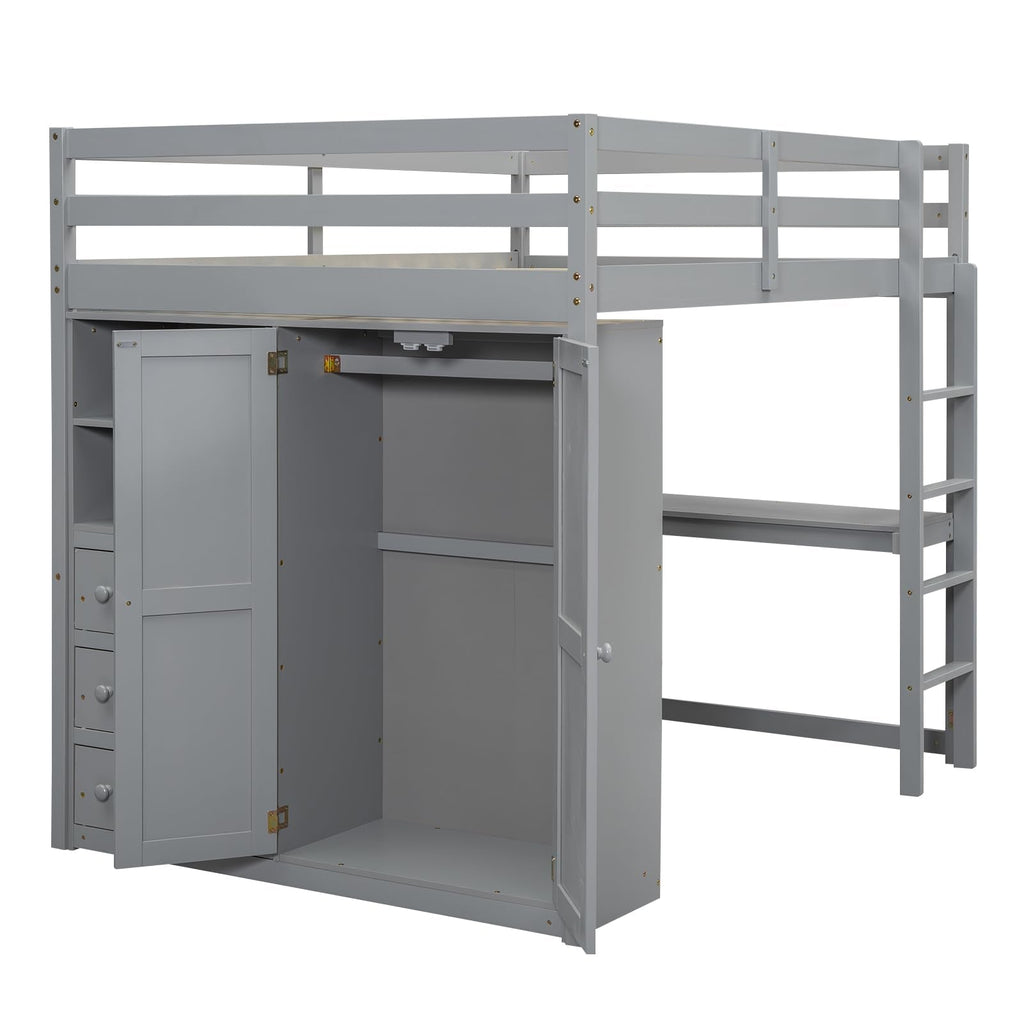 Full Size Loft Bed Frame with Built-in Wardrobe, Desk, Storage Shelves and Drawers, Wood Slat Support