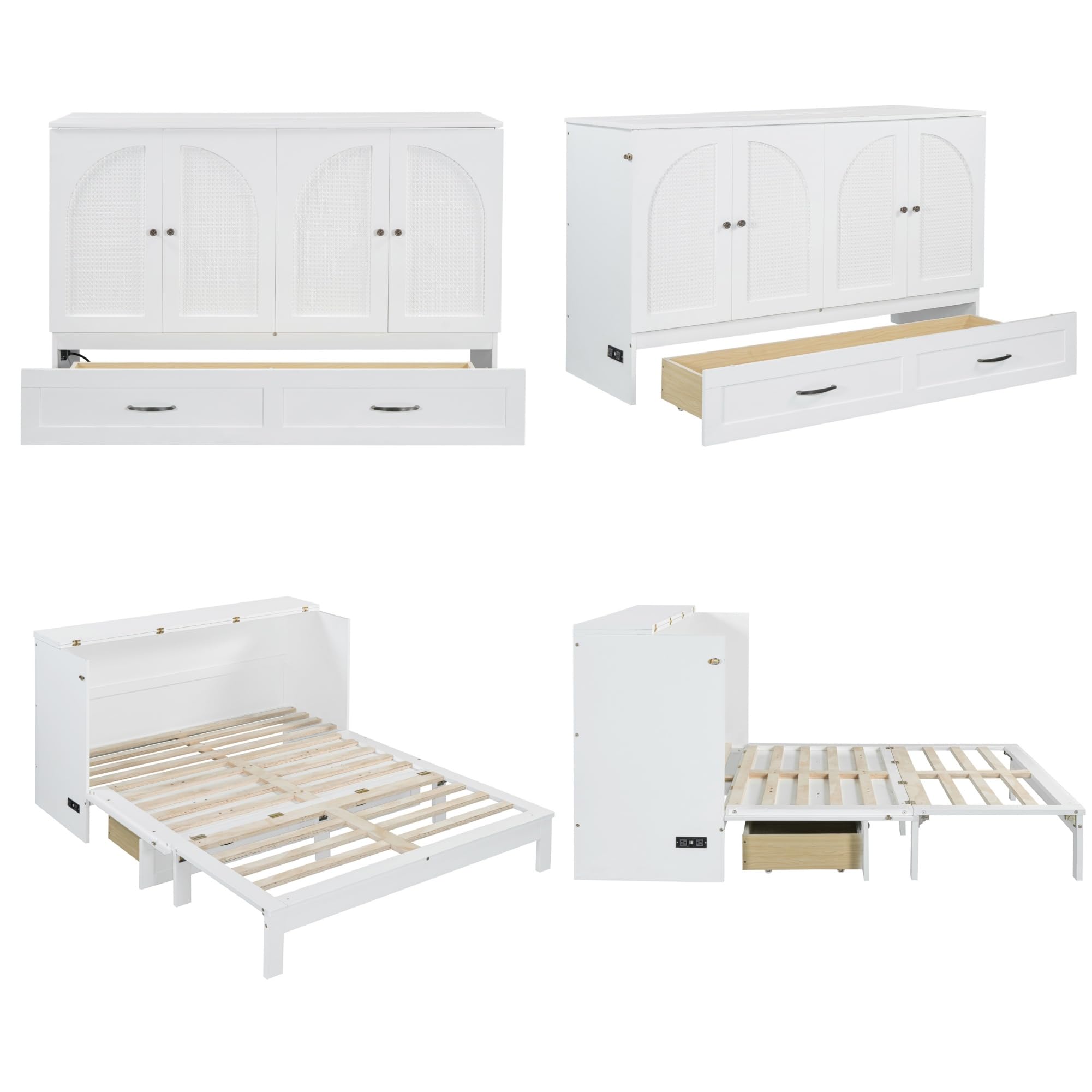 Merax Queen Size Murphy Bed Cabinet with Charging Station and Large Storage Drawer, Foldable Pull Out Murphy Chest Bed for Apartments, Bedrooms, Studio, No Spring Box Needed, White