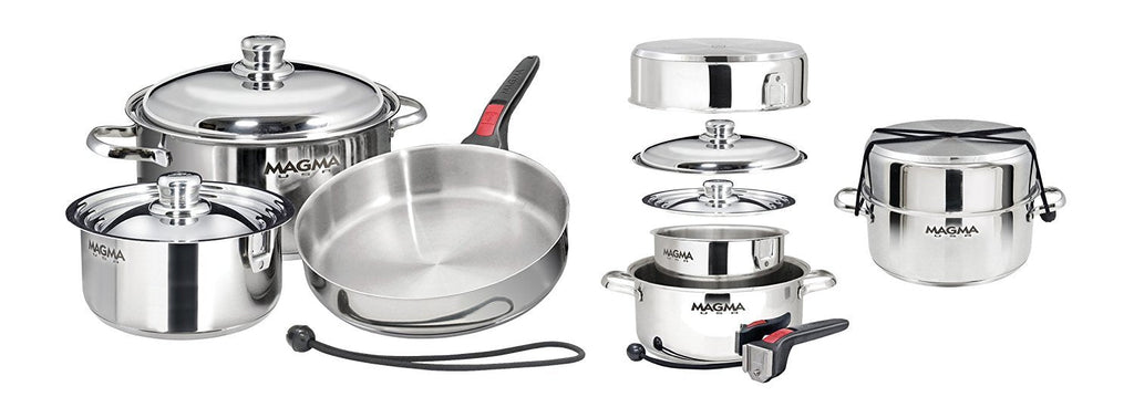 Magma 7 Piece Gourmet Nesting Stainless Steel Cookware Set, Induction Compatible, Oven Safe to 500°F - Suitable for All Stovetops, Removable Handles, Black