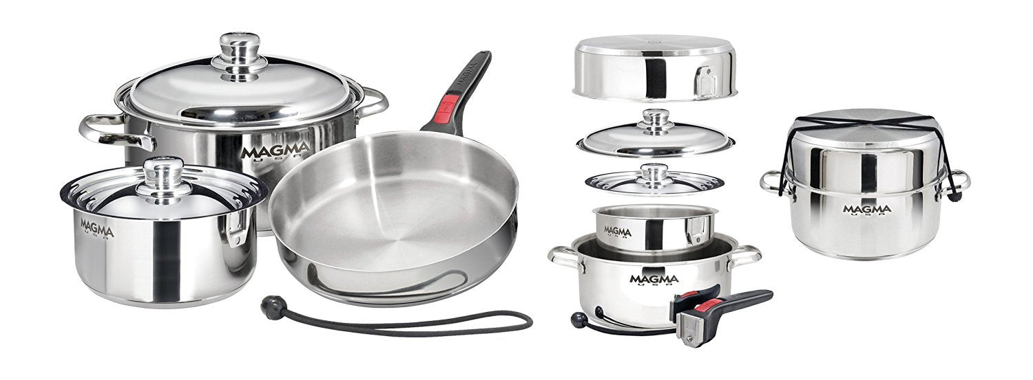 Magma 7 Piece Gourmet Nesting Stainless Steel Cookware Set, Induction Compatible, Oven Safe to 500°F - Suitable for All Stovetops, Removable Handles, Black