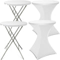 HTVSHEE 2 Set 32" Cocktail Tables Round Folding High Top Tables with Removable Legs & 2 White Stretch Table Cover Hightop Table for Bar Indoor Parties Patio Wedding