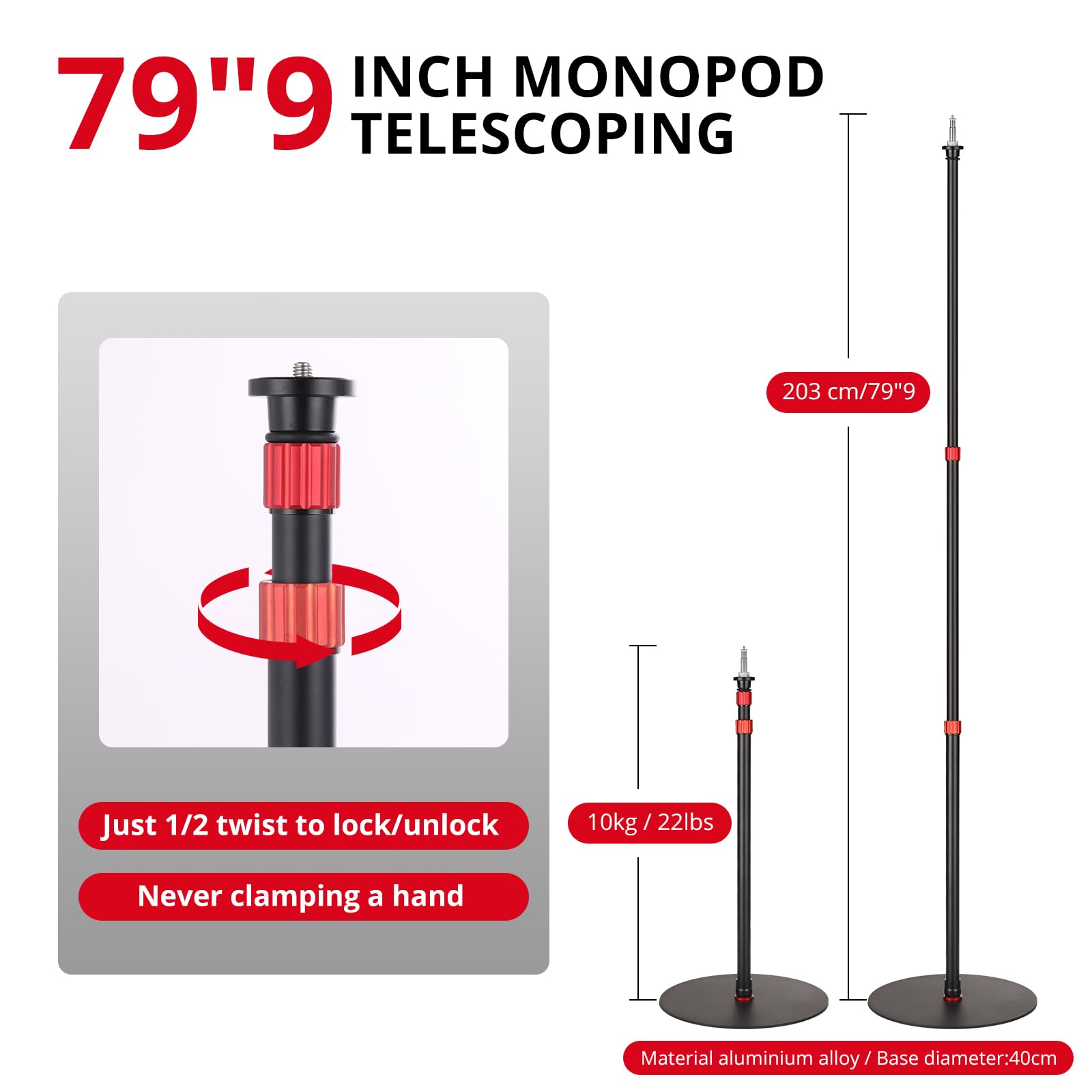 GVM YB2L200 79.9in Heavy Duty Light Stand Kit (2-Pack), Round Base Monopod, 10kg Load Capacity, Flat Base for Stability, for Video Recording, Live Streaming, Interviews & Photography Studio