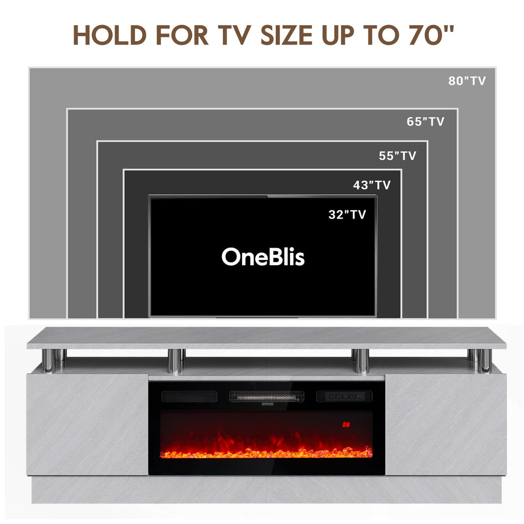 OneBlis 70" TV Stand for Living Room, Entertainment Center with Storage Cabinet, Fits TVs up to 80", Modern Media Console with Shelves, 36" Electric Fireplace (Grey+Black)