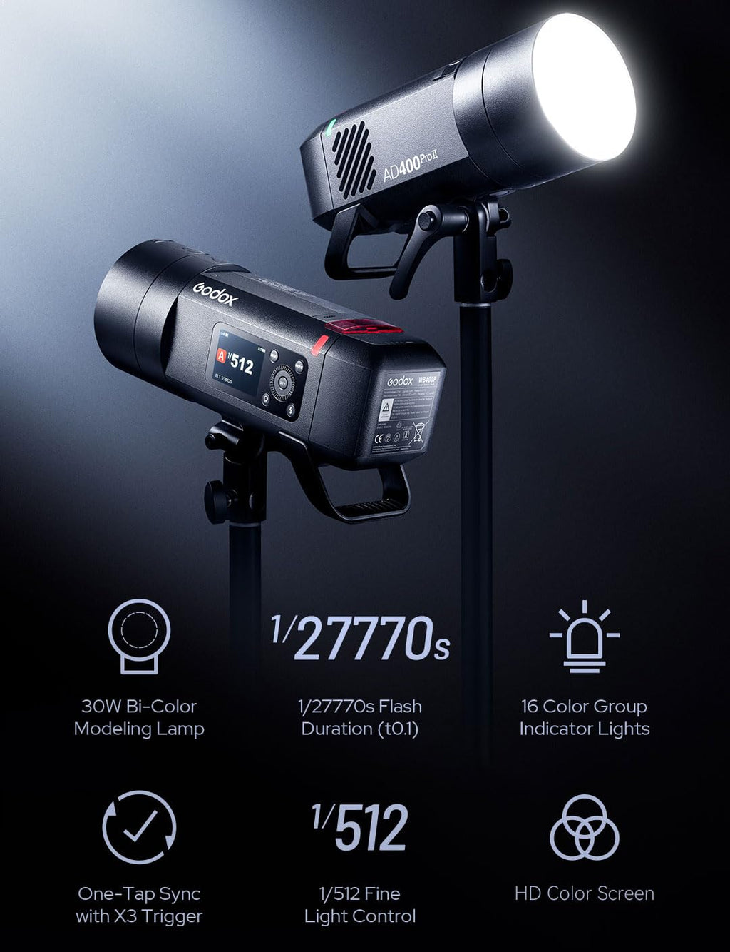 Godox AD400 Pro II AD400Pro II AD400ProII Flash, GN72 One-Tap Sync with X3/30W Bi-Color Modeling Lamp/Color Screen/16 Color Groups Indicator/Freeze Mode/460 Flashes/1/512~1/1 (with ± 0.1 Increment)