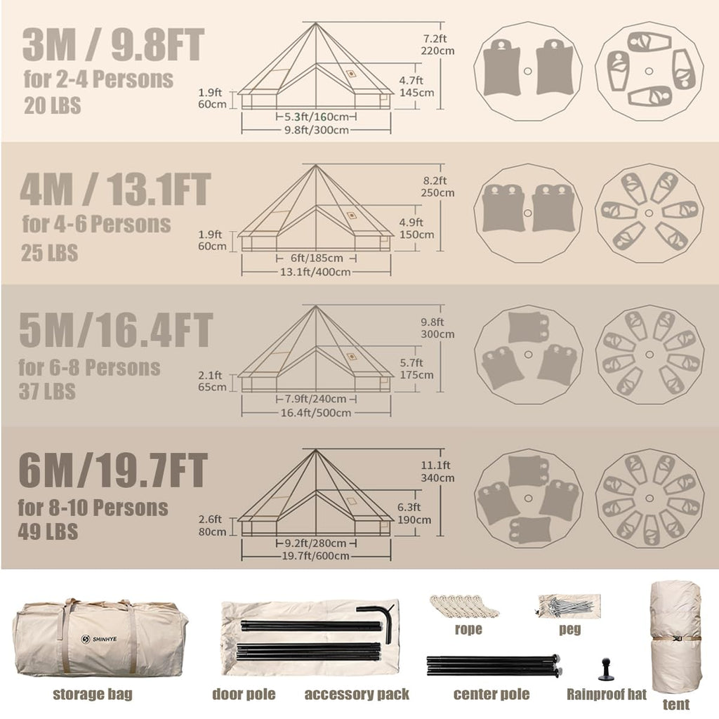 Bell Yurt Tent, Waterproof Luxury 4 Season Hot Tent with Stove Jack/Air Conditioner Vents/2 Skylight for Family Outdoor Camping Oxford Glamping Tents for All Year Living (4M- 173 sq. ft yurt)