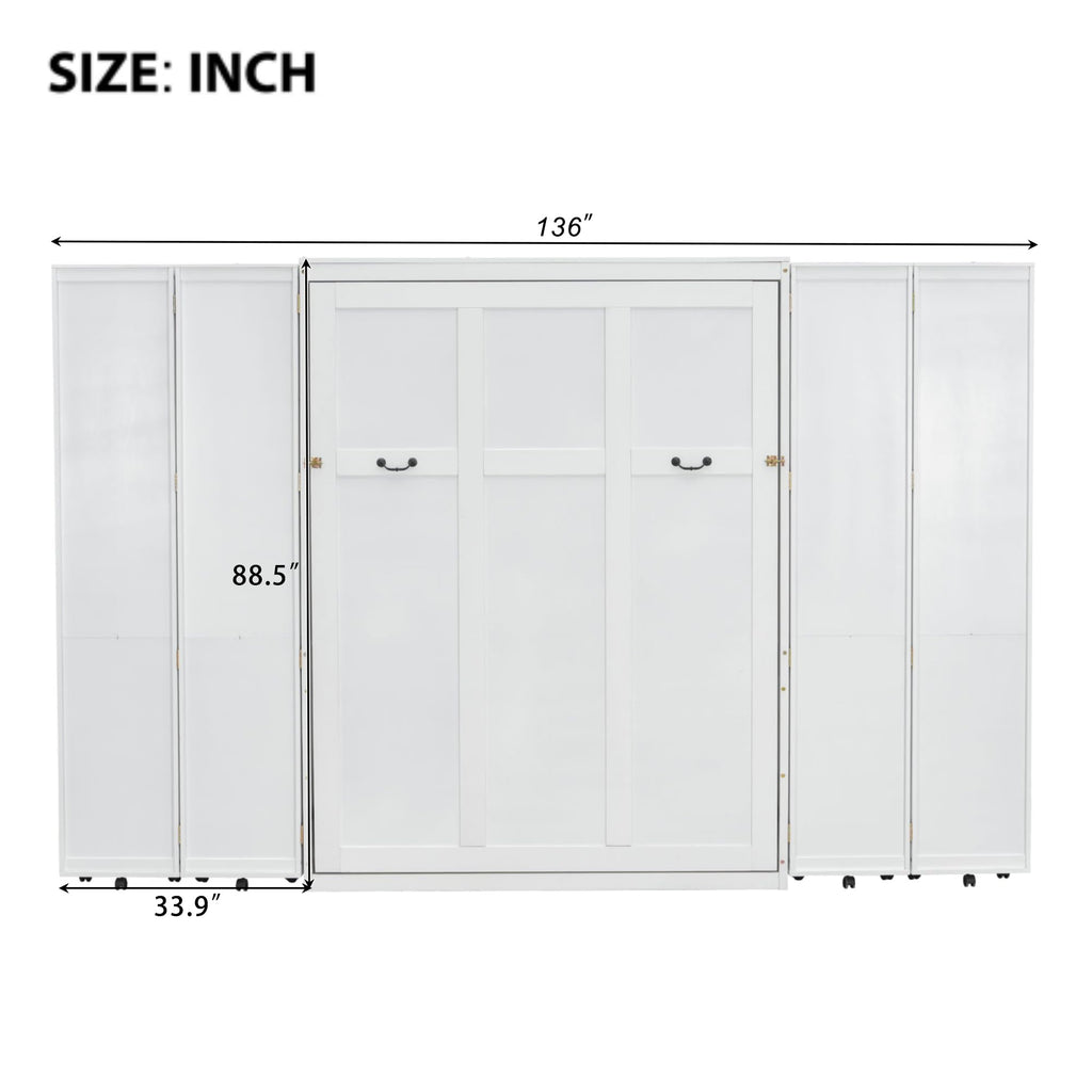 Merax Queen Size Murphy Bed with with 5-Tier Storage Shelves, Wooden Wall Bed Cabinet with Storage Doors, Foldable Platform Bedframe with Hydraulic Lift System for Guest Room and Bedroom
