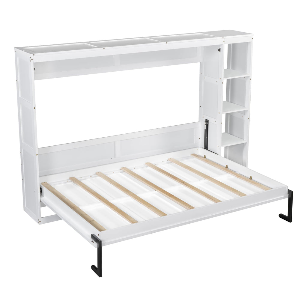 GDFStudio Boden Full Size Murphy Bed, Full Size Murphy Bed with Bookshelf, 4 Storage Shelves, Ample Storage Space, Organized as Cabinet, Saving Space Design, Perfect for Small Apartment, White